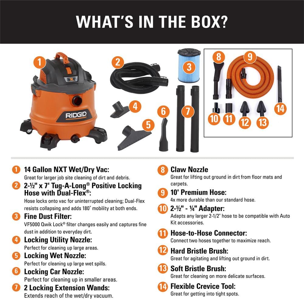 2026 Aspiradora para Líquidos y Polvo 14 Gal / 6.0 HP Pico NXT con Kit Premium para Auto – RIDGID HD1401