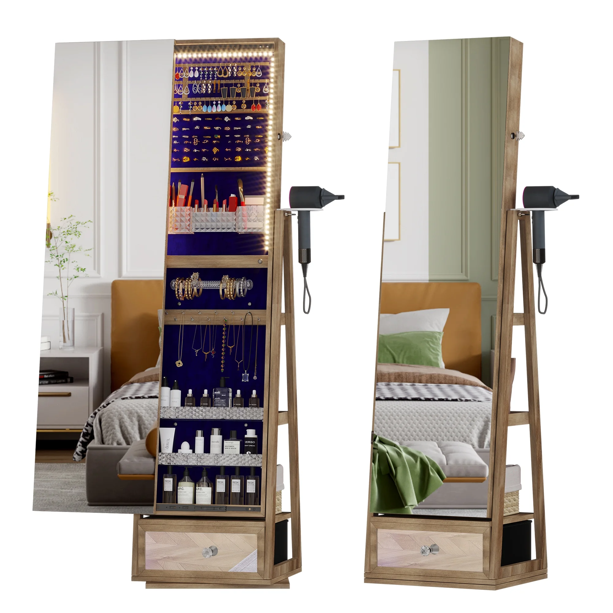 Joyero giratorio de 360° con espejo, luces LED y cerradura – Color marrón