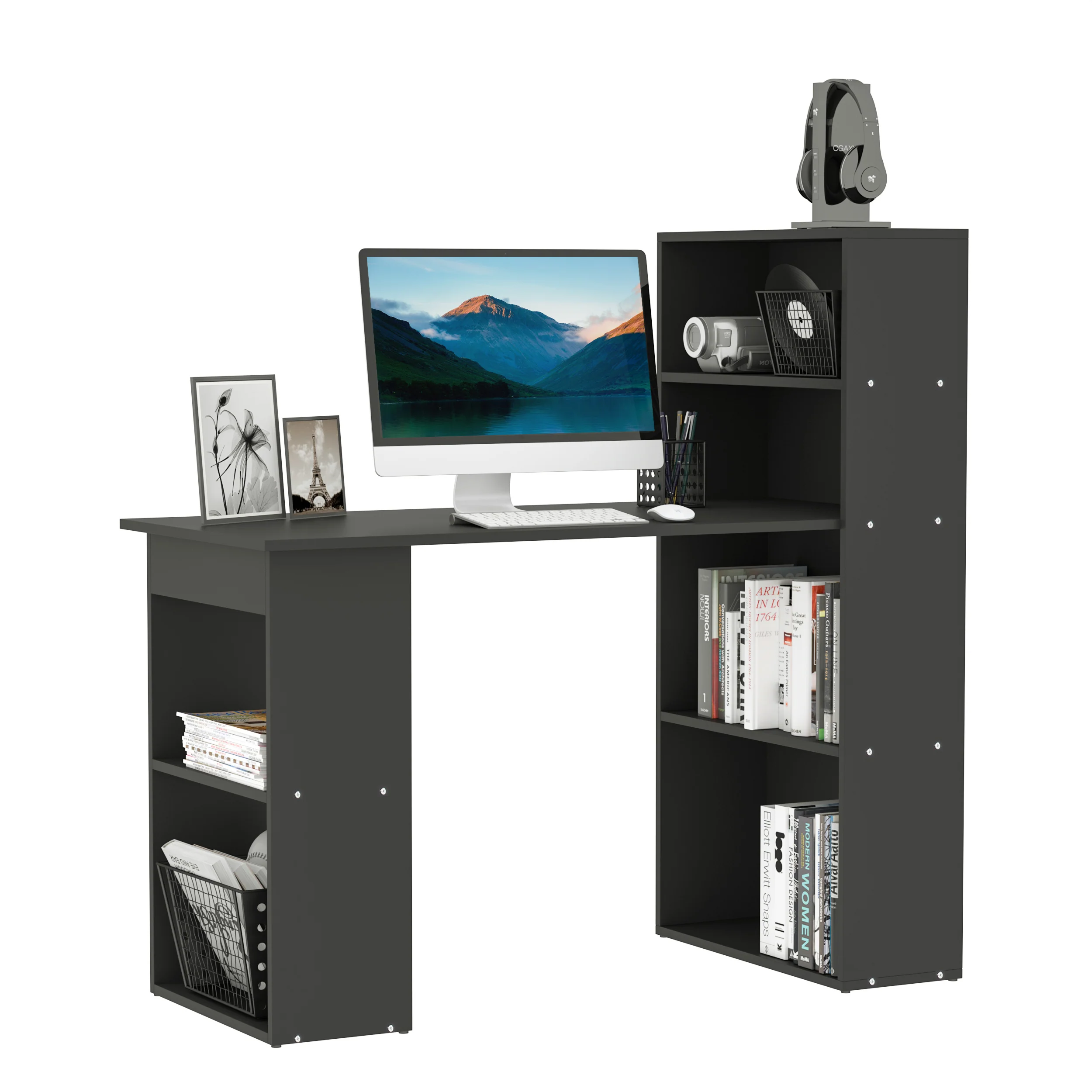 Escritorio de Ordenador Moderno de 120 cm con Estantería, Mesa de Estudio y Estación de Trabajo con 6 Estantes, Negro