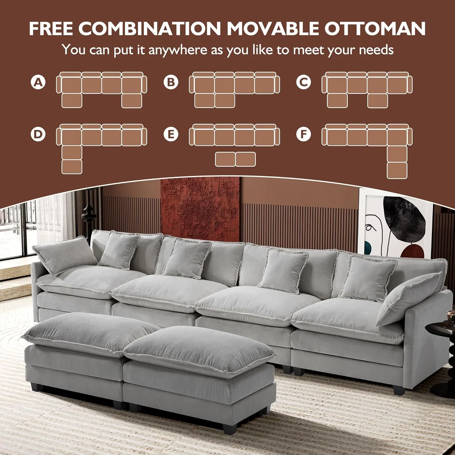 111.4 Inch L Shaped Modern Sofa Modular Cloud Sofa with Ottoman 4 Seater Chenille Deep Seat Sofa