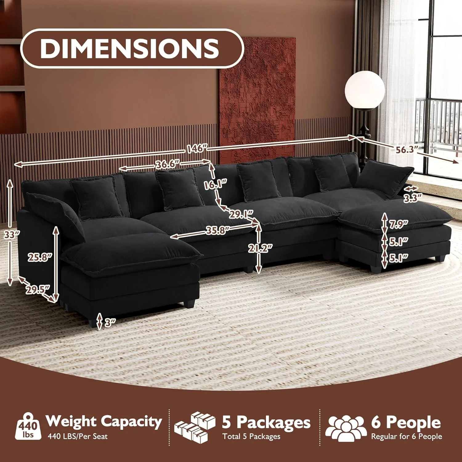 111.4 Inch L Shaped Modern Sofa Modular Cloud Sofa with Ottoman 4 Seater Chenille Deep Seat Sofa