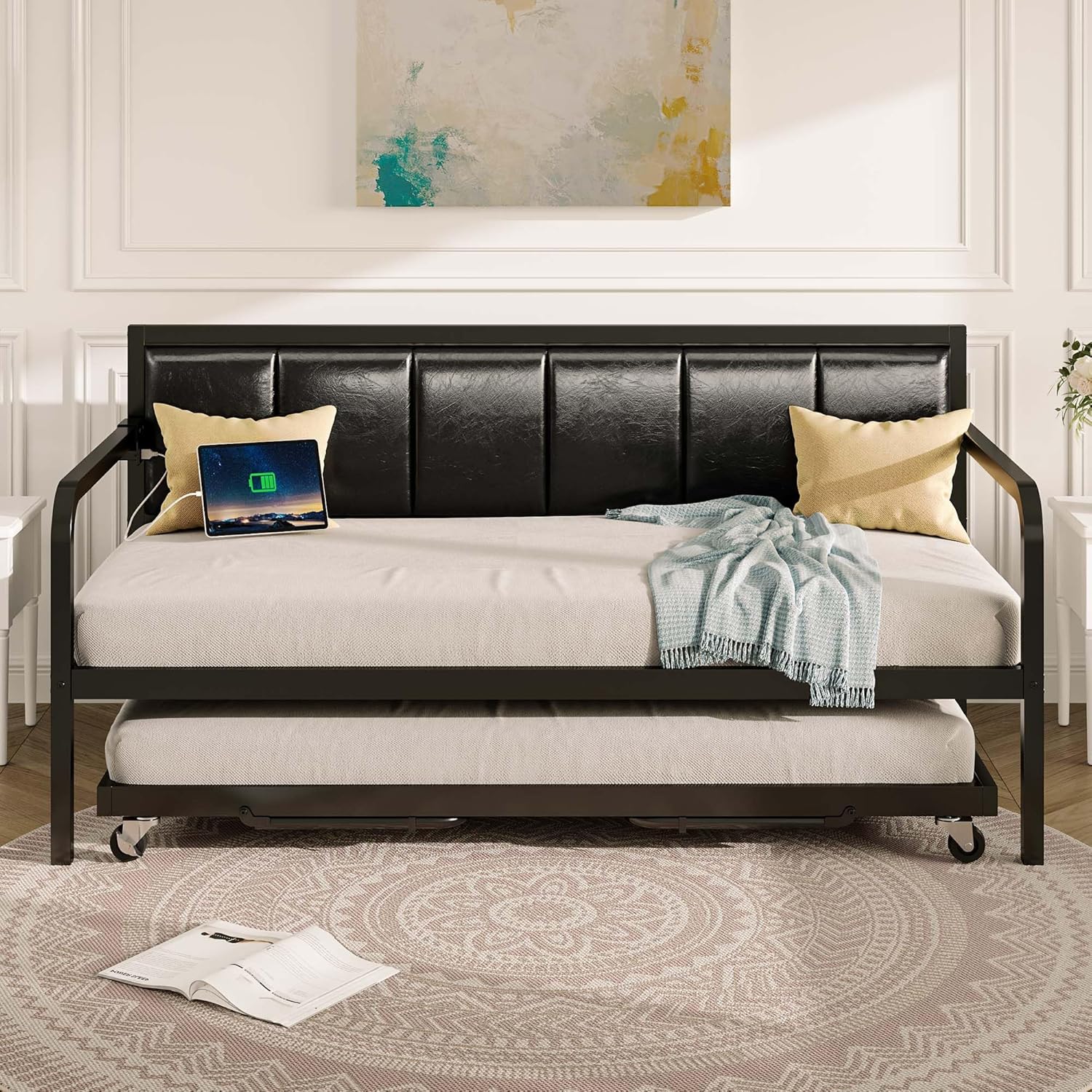 Rolanstar Daybed with Charging Station and LED Lights Height Adjustable Twin Daybed