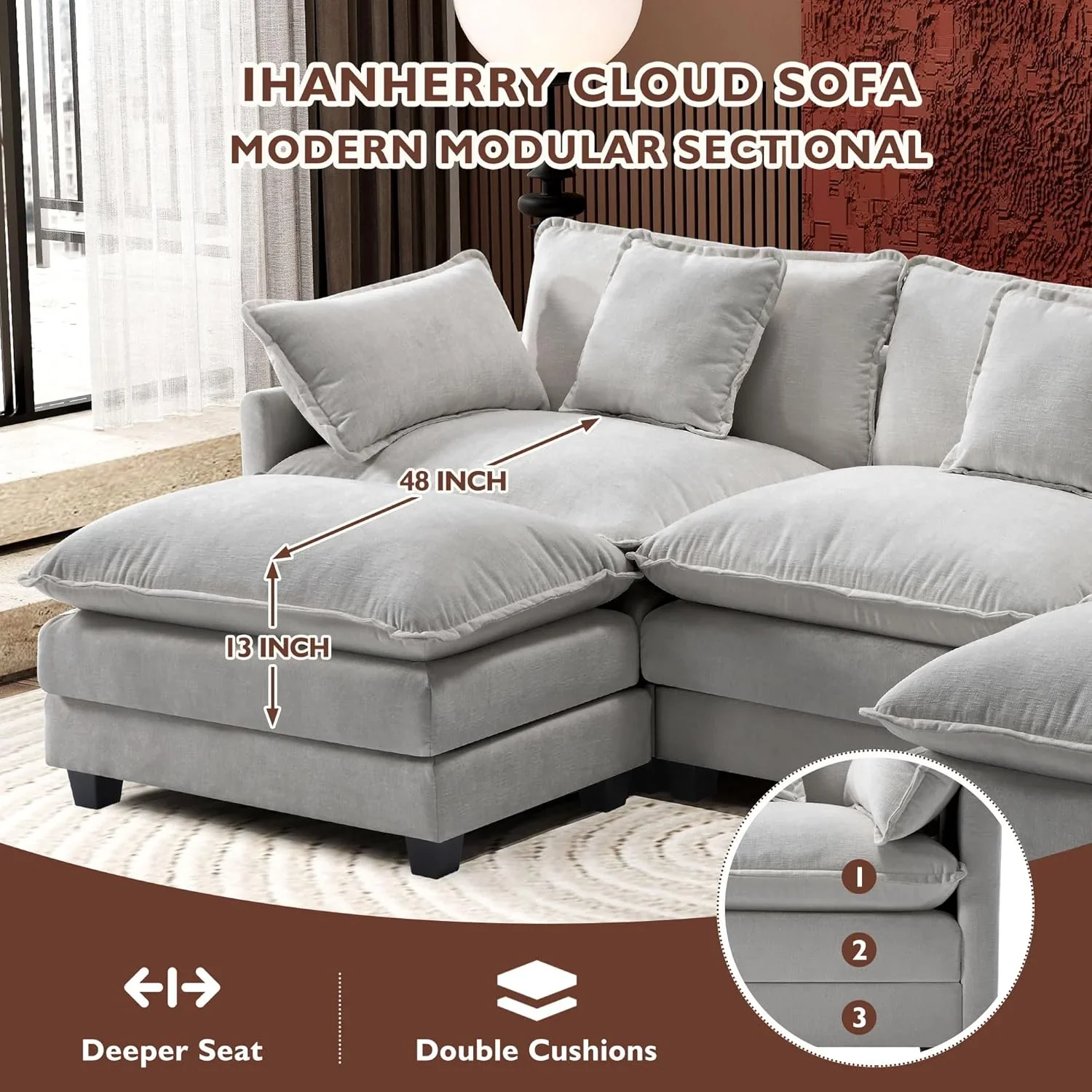 111.4 Inch L Shaped Modern Sofa Modular Cloud Sofa with Ottoman 4 Seater Chenille Deep Seat Sofa