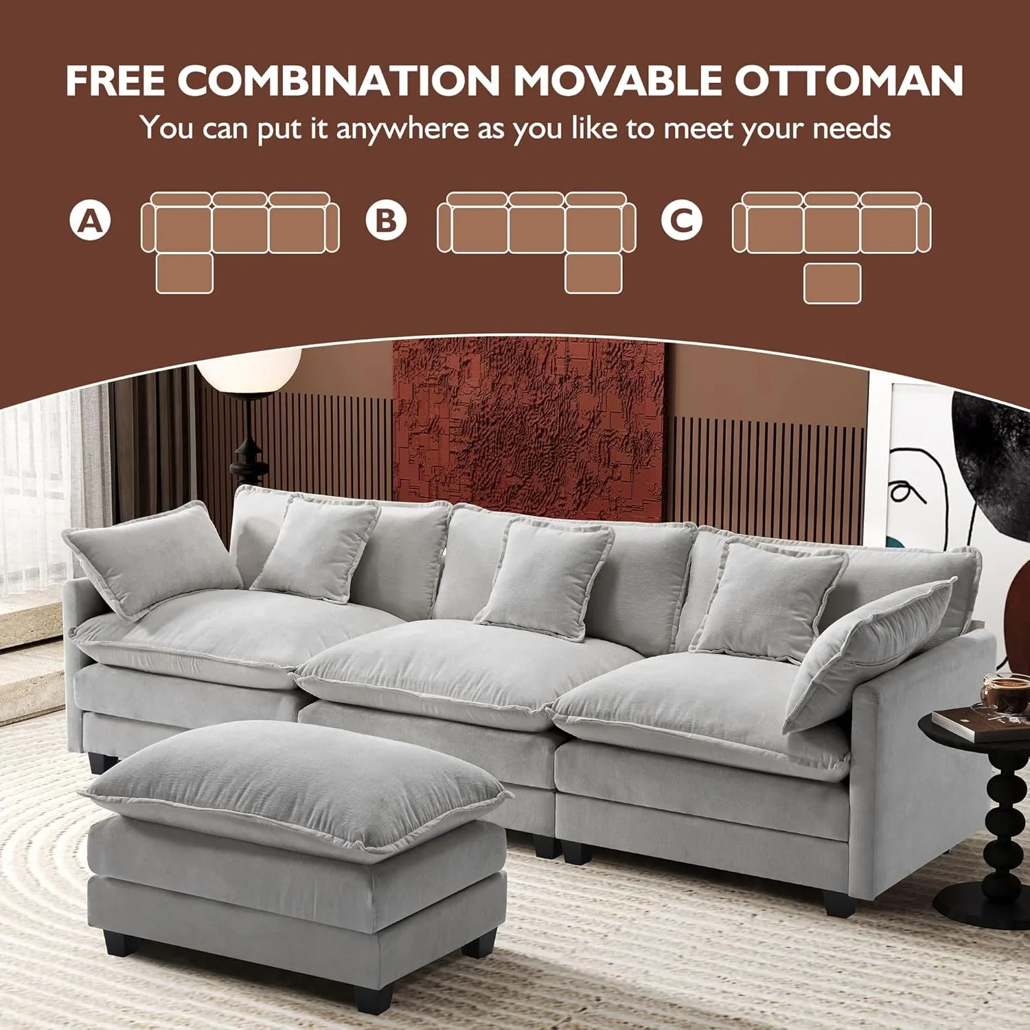 111.4 Inch L Shaped Modern Sofa Modular Cloud Sofa with Ottoman 4 Seater Chenille Deep Seat Sofa