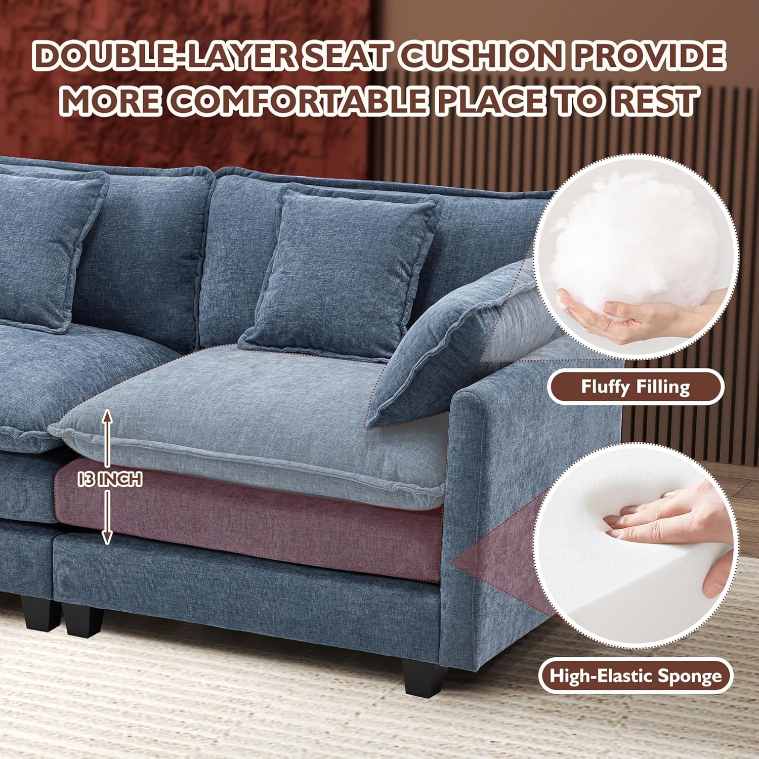 111.4 Inch L Shaped Modern Sofa Modular Cloud Sofa with Ottoman 4 Seater Chenille Deep Seat Sofa