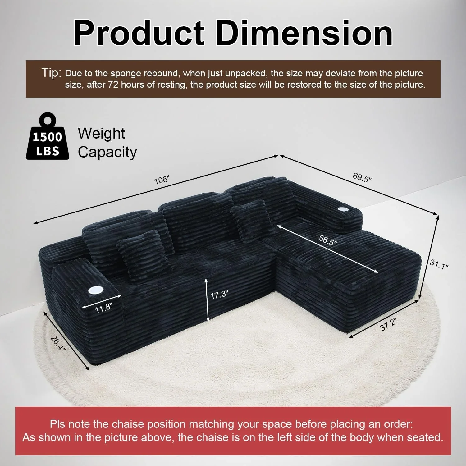 Cloud Sectional Couch with L Shape Chaise Modern Modular Sofa with Deep Seat Built in Cup Holder
