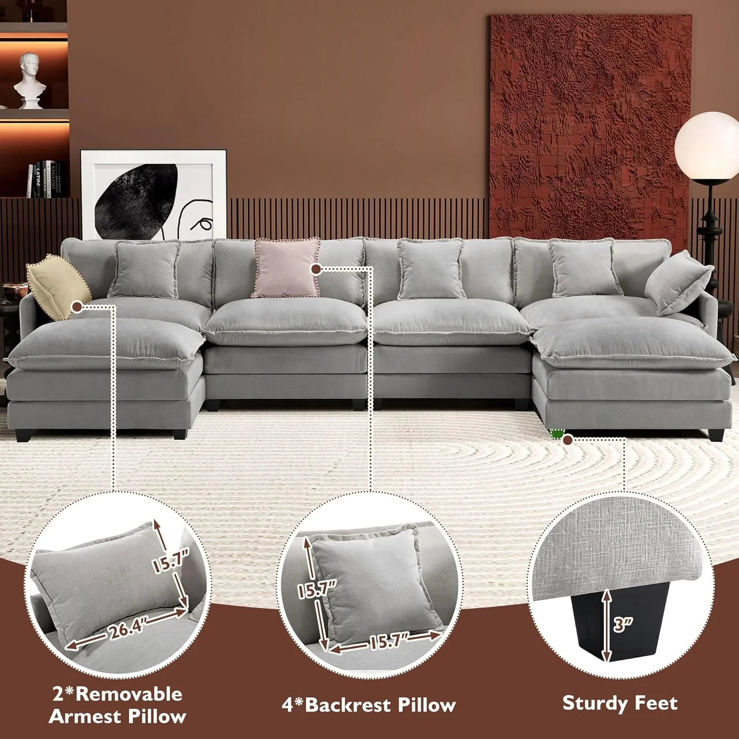 111.4 Inch L Shaped Modern Sofa Modular Cloud Sofa with Ottoman 4 Seater Chenille Deep Seat Sofa