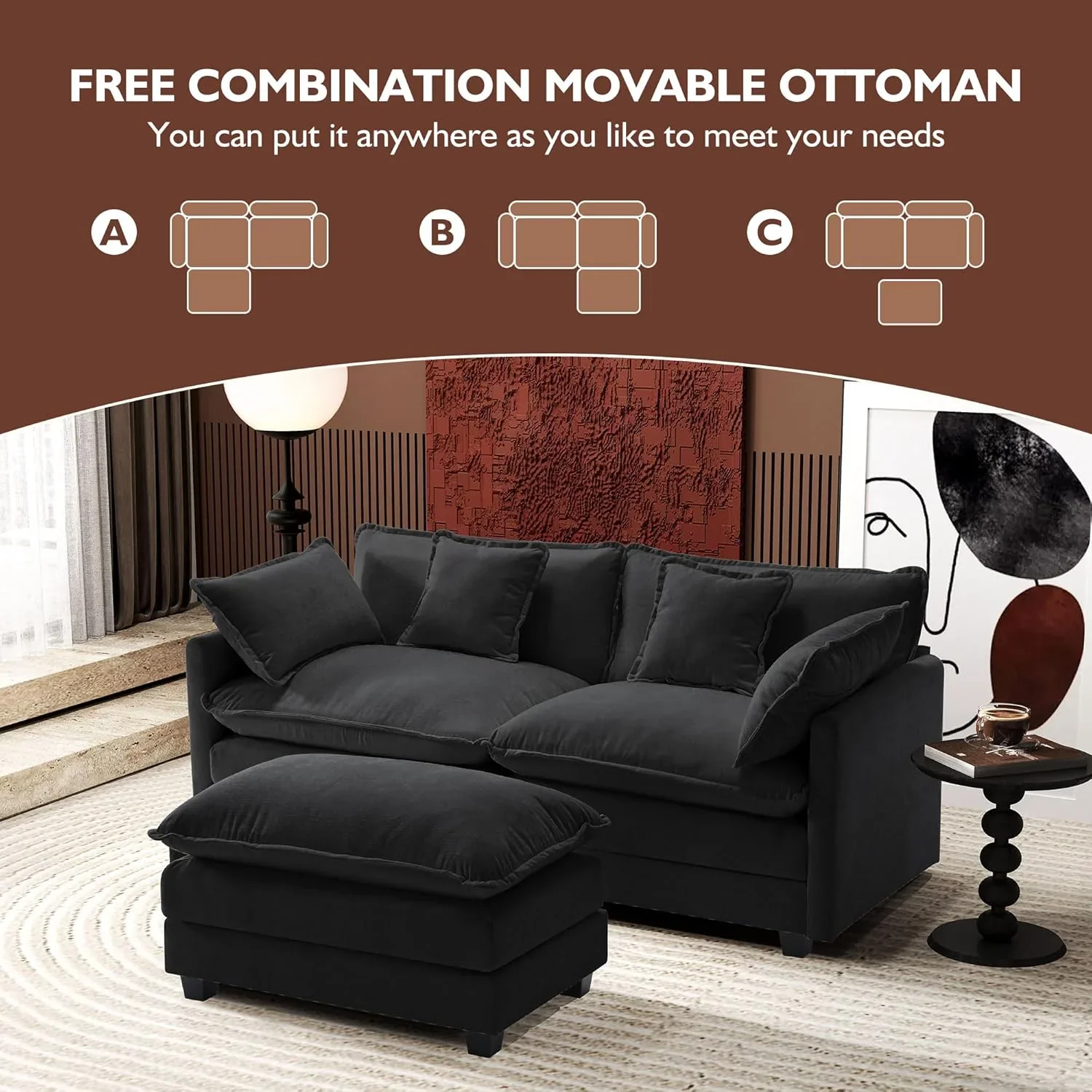 111.4 Inch L Shaped Modern Sofa Modular Cloud Sofa with Ottoman 4 Seater Chenille Deep Seat Sofa