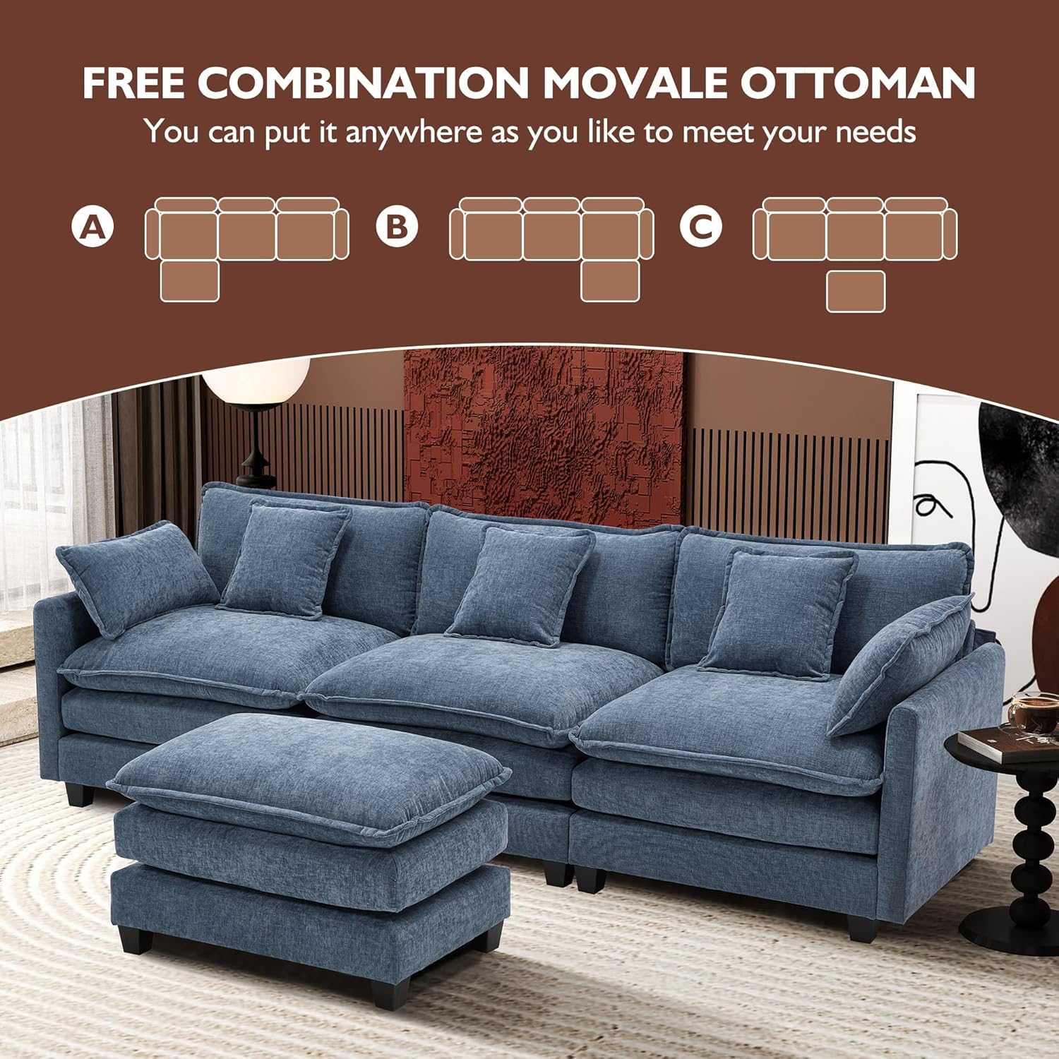 111.4 Inch L Shaped Modern Sofa Modular Cloud Sofa with Ottoman 4 Seater Chenille Deep Seat Sofa