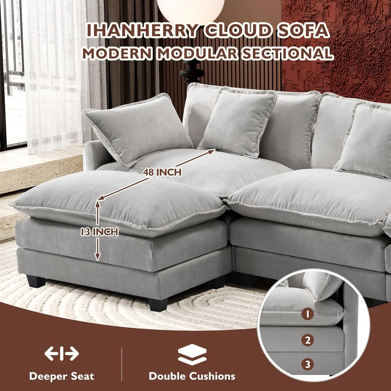 111.4 Inch L Shaped Modern Sofa Modular Cloud Sofa with Ottoman 4 Seater Chenille Deep Seat Sofa