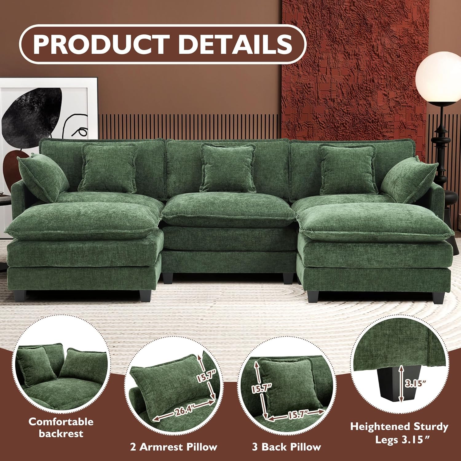 111.4 Inch L Shaped Modern Sofa Modular Cloud Sofa with Ottoman 4 Seater Chenille Deep Seat Sofa