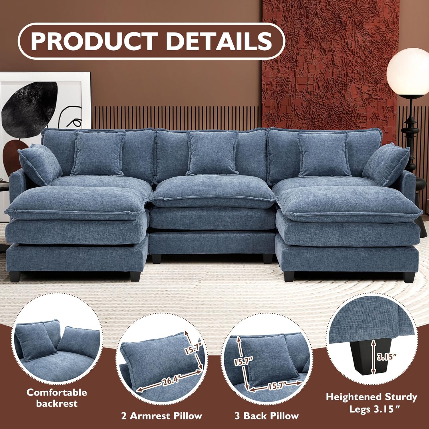 111.4 Inch L Shaped Modern Sofa Modular Cloud Sofa with Ottoman 4 Seater Chenille Deep Seat Sofa