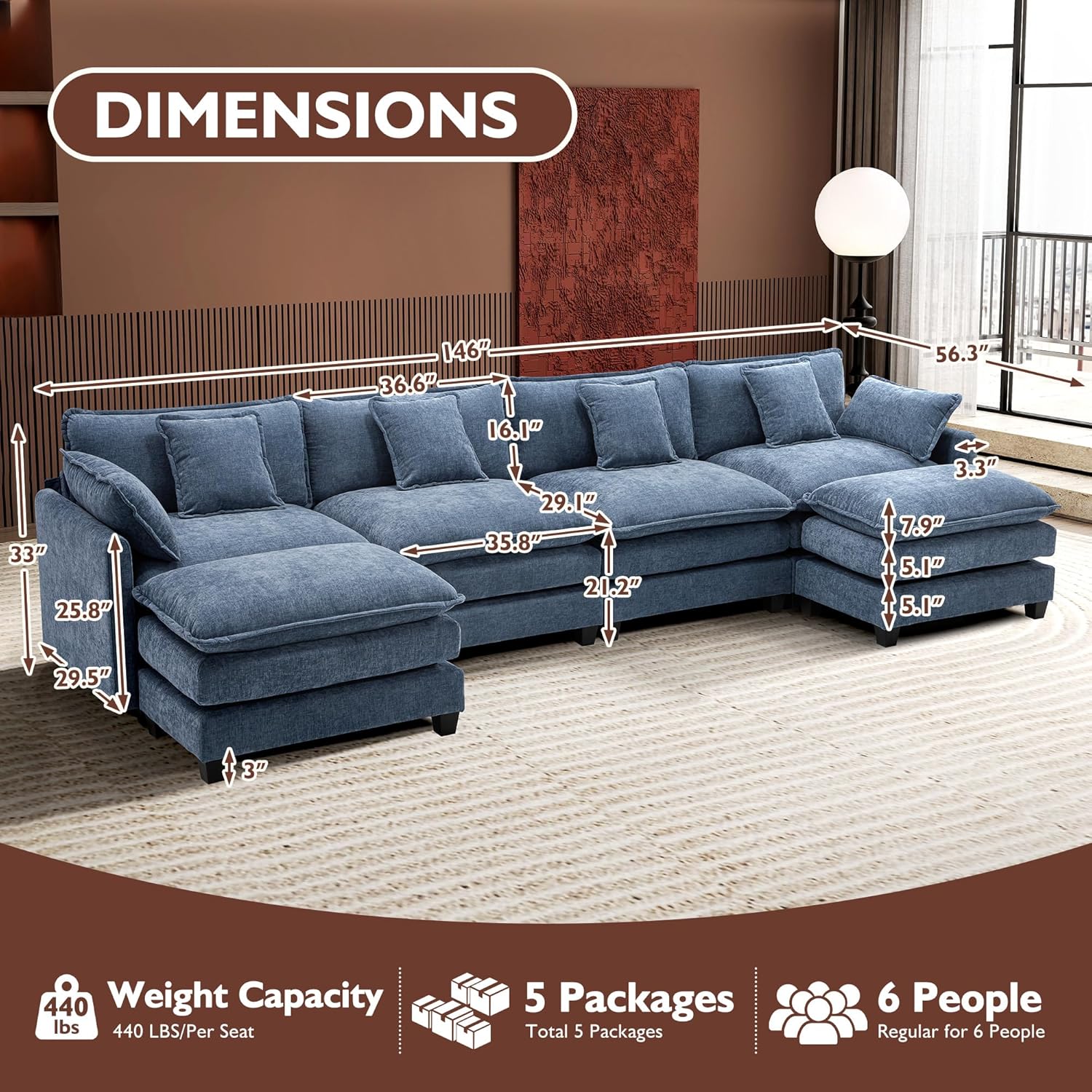 111.4 Inch L Shaped Modern Sofa Modular Cloud Sofa with Ottoman 4 Seater Chenille Deep Seat Sofa