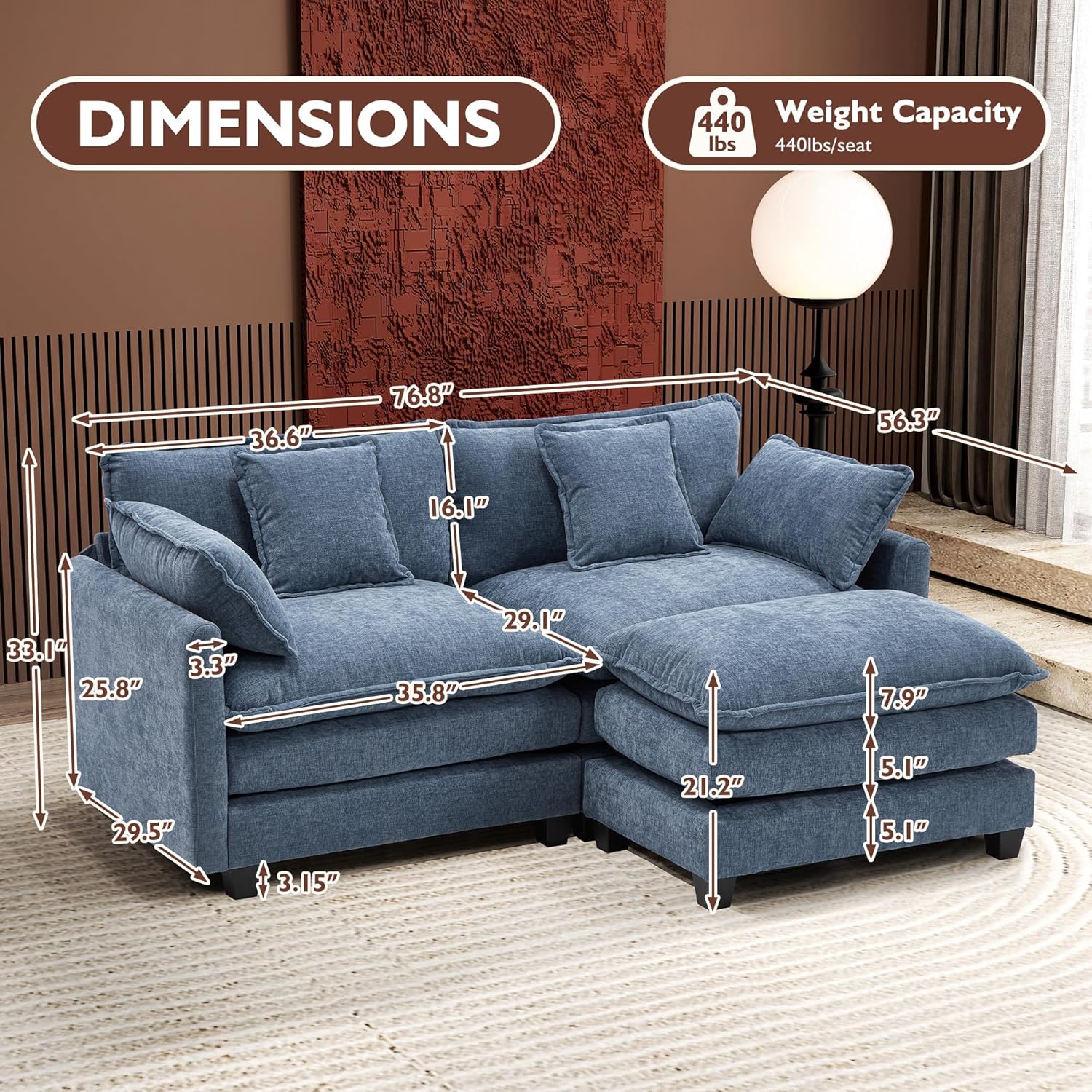 111.4 Inch L Shaped Modern Sofa Modular Cloud Sofa with Ottoman 4 Seater Chenille Deep Seat Sofa