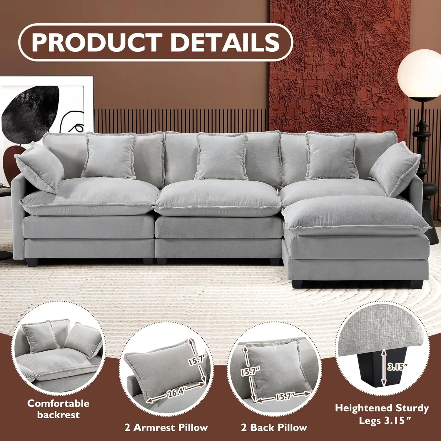 111.4 Inch L Shaped Modern Sofa Modular Cloud Sofa with Ottoman 4 Seater Chenille Deep Seat Sofa