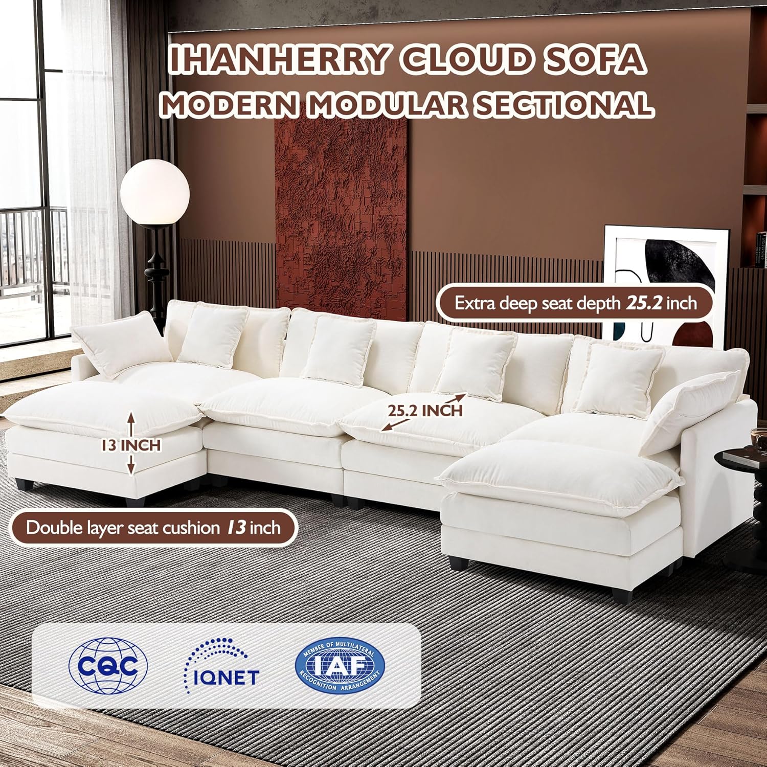 111.4 Inch L Shaped Modern Sofa Modular Cloud Sofa with Ottoman 4 Seater Chenille Deep Seat Sofa