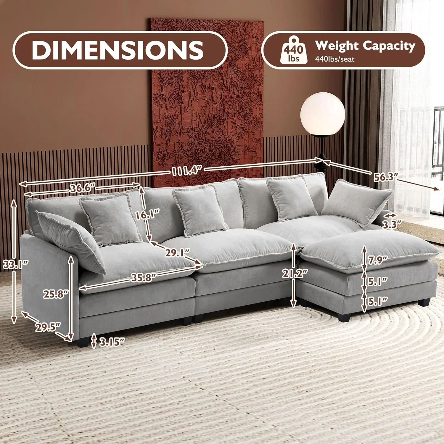 111.4 Inch L Shaped Modern Sofa Modular Cloud Sofa with Ottoman 4 Seater Chenille Deep Seat Sofa