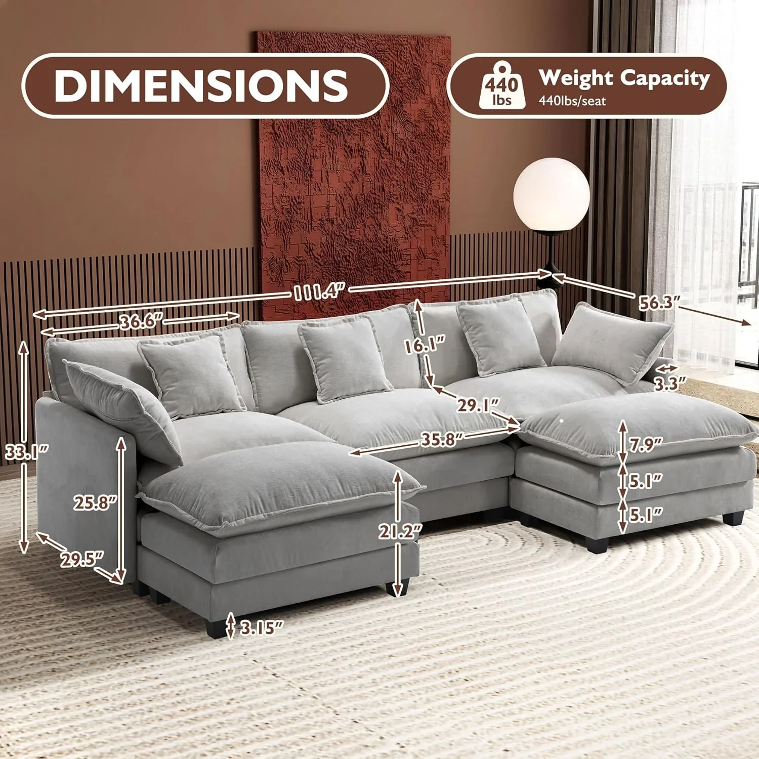 111.4 Inch L Shaped Modern Sofa Modular Cloud Sofa with Ottoman 4 Seater Chenille Deep Seat Sofa
