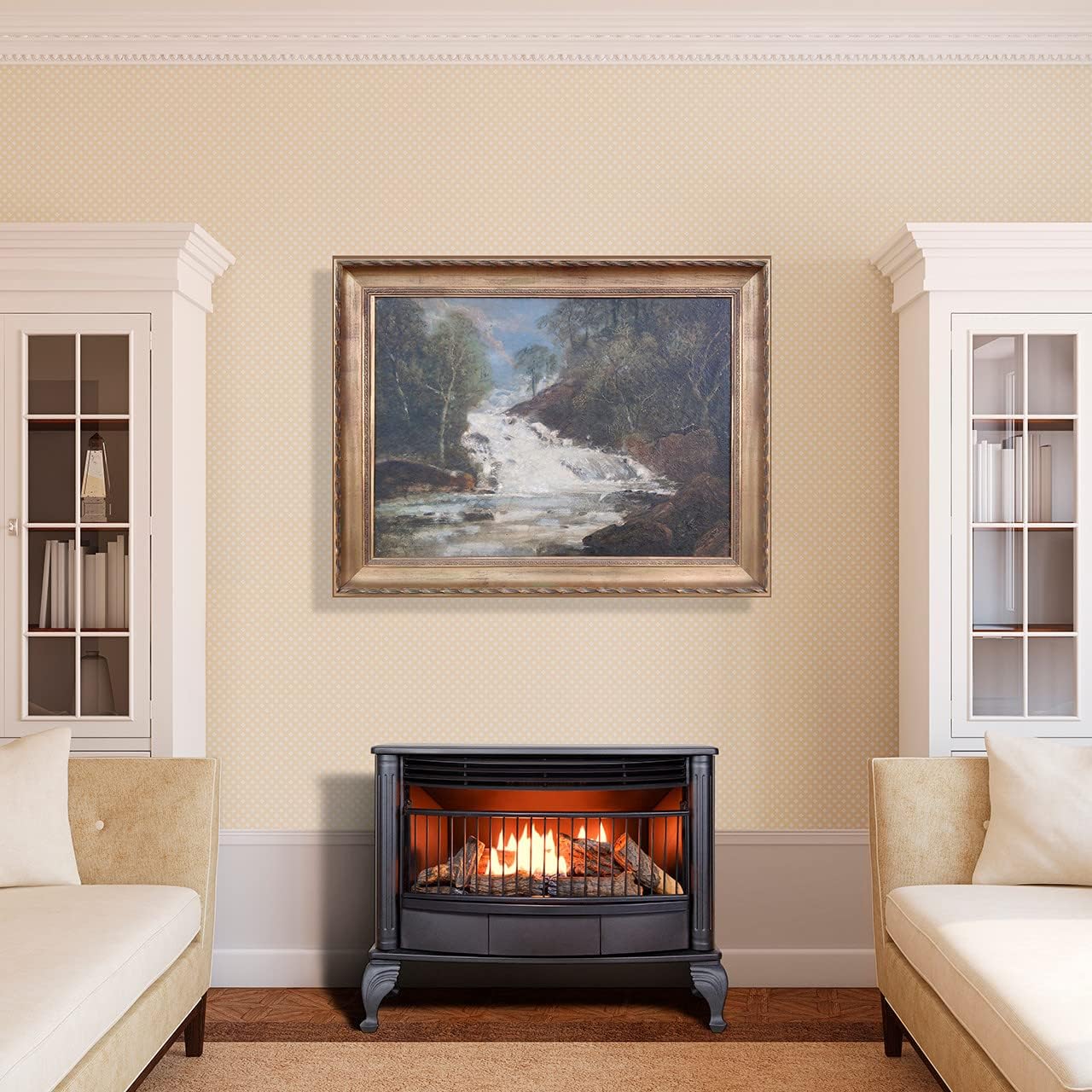 Vent-free 25000 BTU space-saving freestanding dual-fuel fireplace with thermostat control