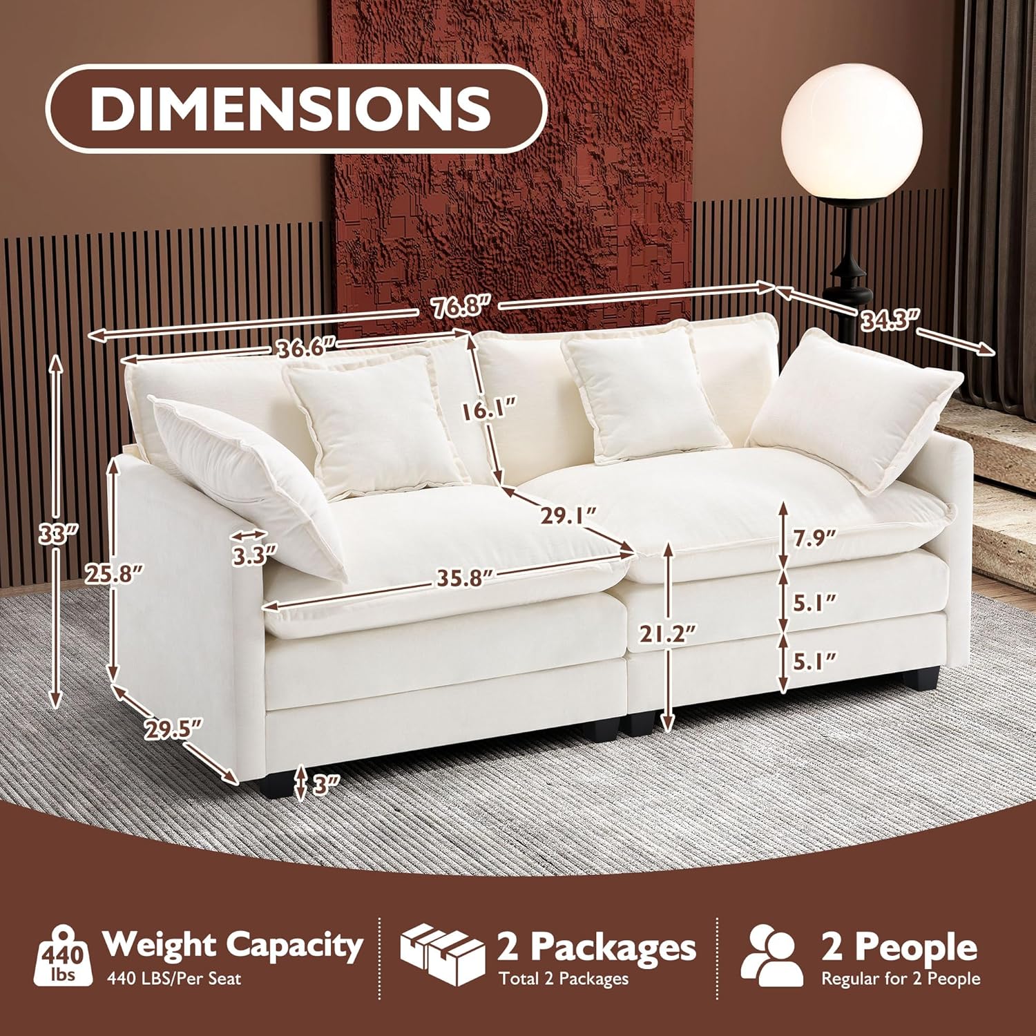 111.4 Inch L Shaped Modern Sofa Modular Cloud Sofa with Ottoman 4 Seater Chenille Deep Seat Sofa