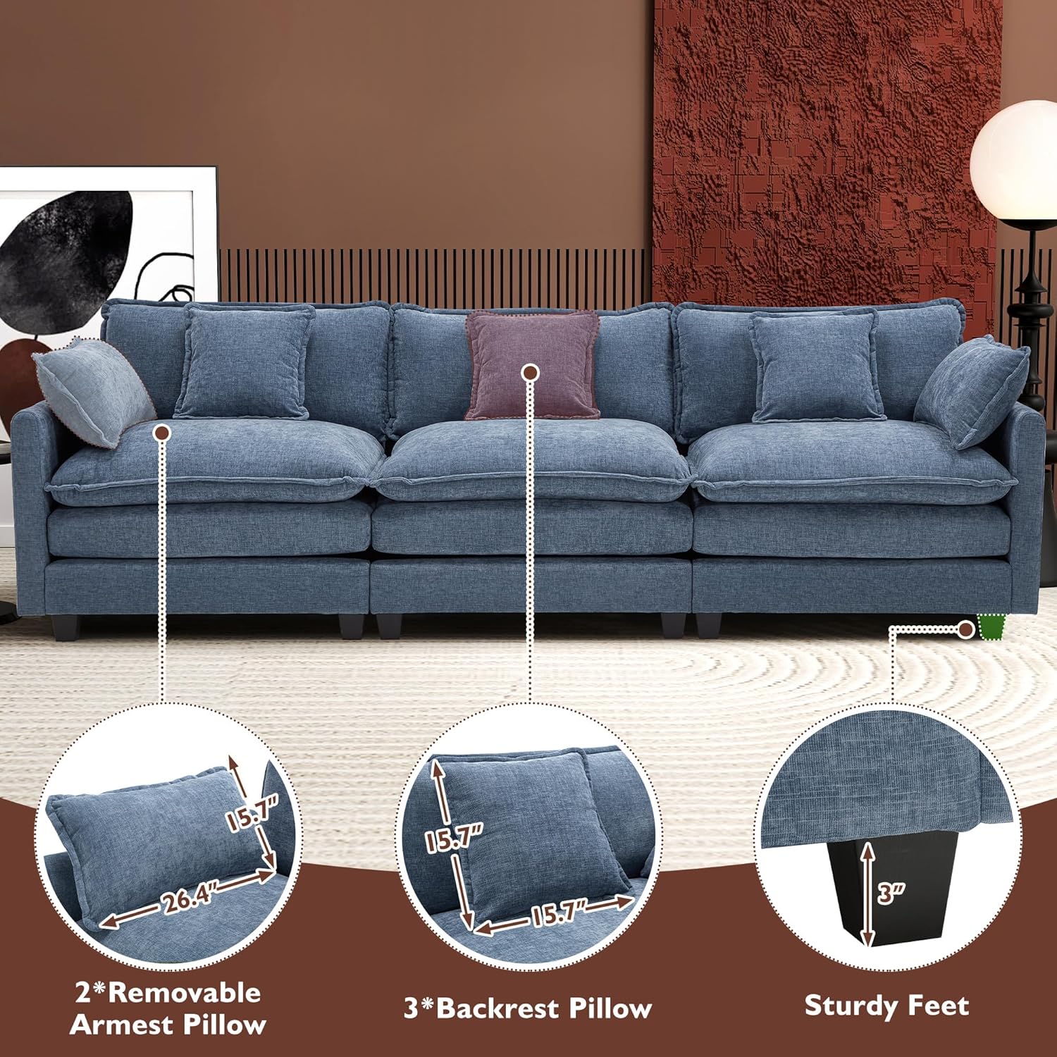 111.4 Inch L Shaped Modern Sofa Modular Cloud Sofa with Ottoman 4 Seater Chenille Deep Seat Sofa
