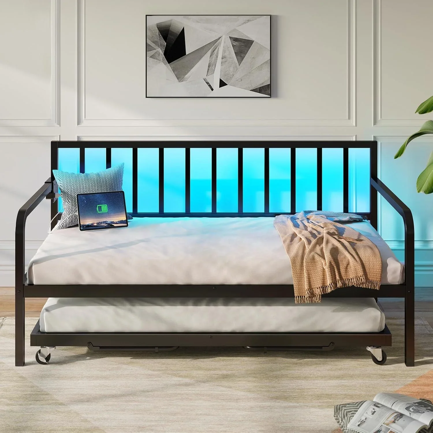 Rolanstar Daybed with Charging Station and LED Lights Height Adjustable Twin Daybed