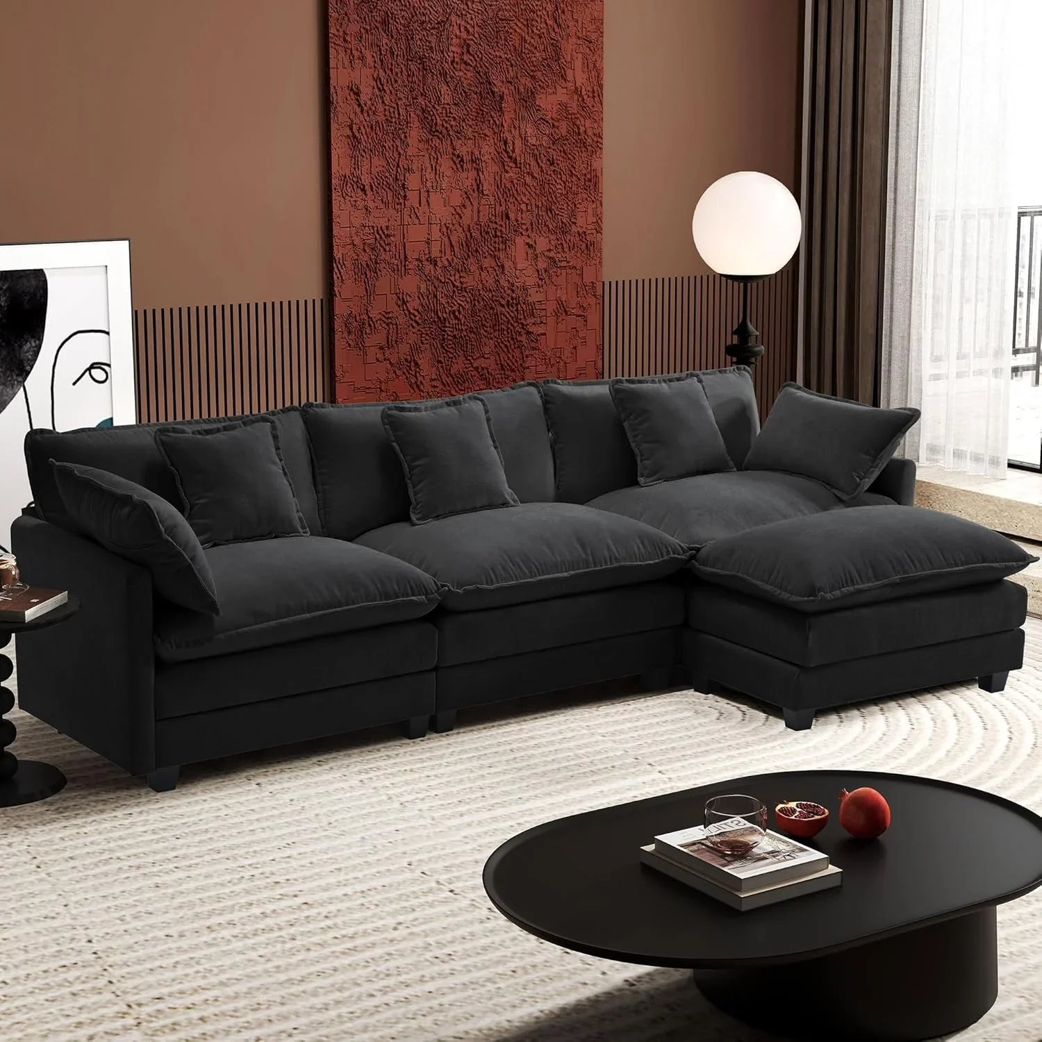 111.4 Inch L Shaped Modern Sofa Modular Cloud Sofa with Ottoman 4 Seater Chenille Deep Seat Sofa