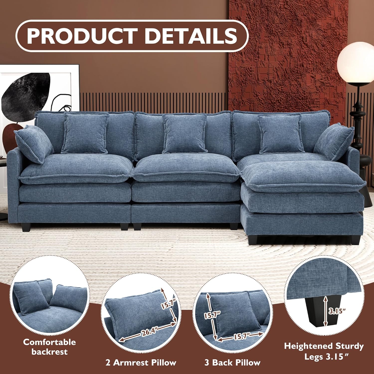 111.4 Inch L Shaped Modern Sofa Modular Cloud Sofa with Ottoman 4 Seater Chenille Deep Seat Sofa