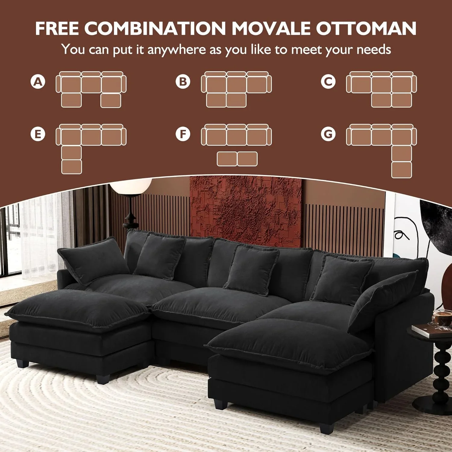 111.4 Inch L Shaped Modern Sofa Modular Cloud Sofa with Ottoman 4 Seater Chenille Deep Seat Sofa