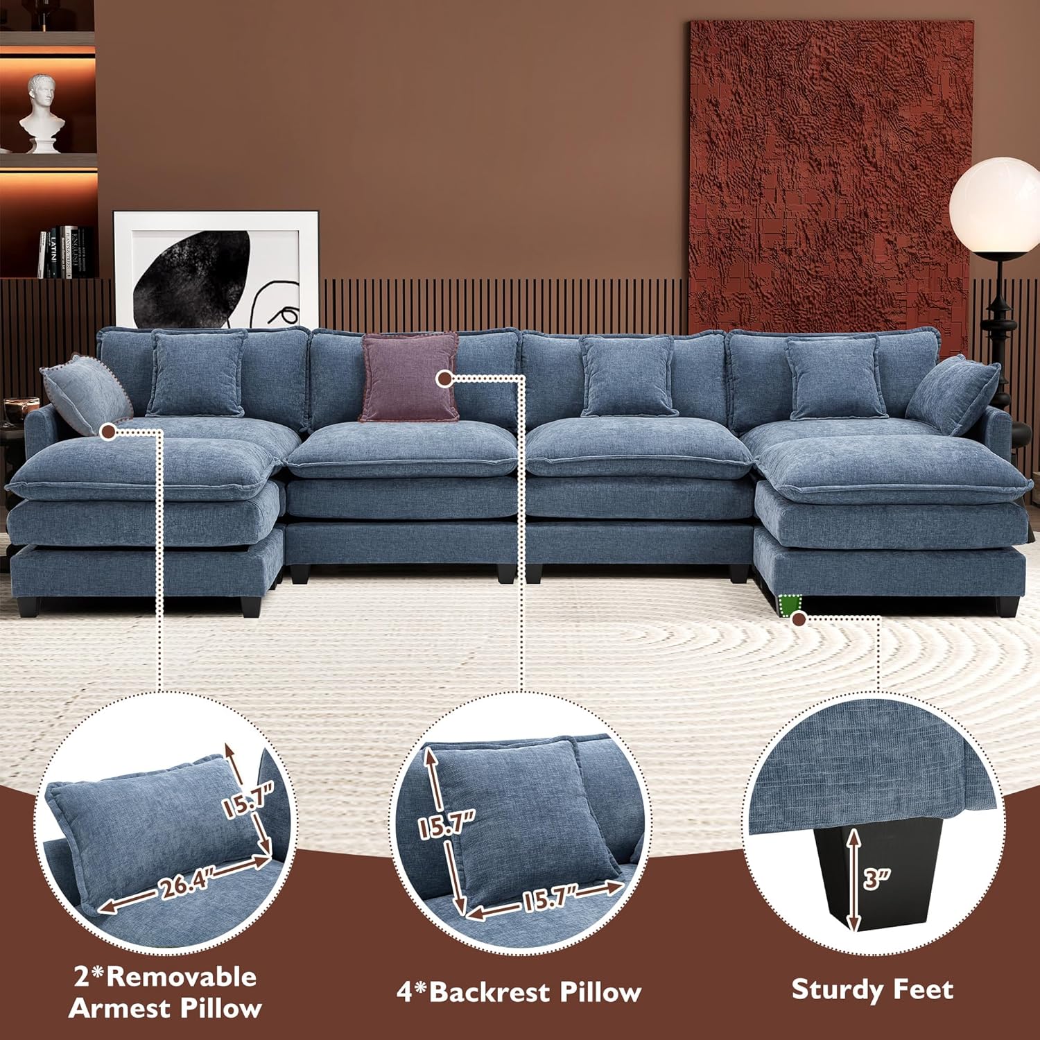 111.4 Inch L Shaped Modern Sofa Modular Cloud Sofa with Ottoman 4 Seater Chenille Deep Seat Sofa