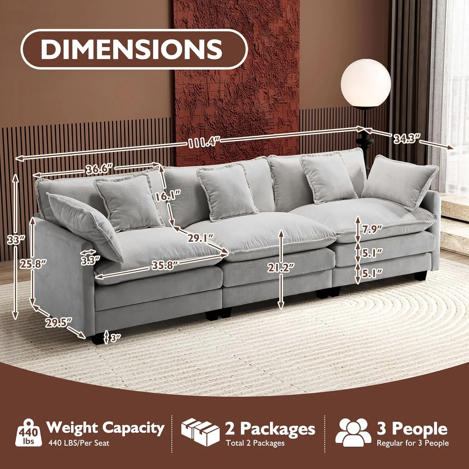 111.4 Inch L Shaped Modern Sofa Modular Cloud Sofa with Ottoman 4 Seater Chenille Deep Seat Sofa