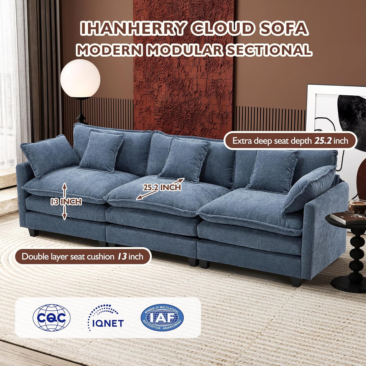 111.4 Inch L Shaped Modern Sofa Modular Cloud Sofa with Ottoman 4 Seater Chenille Deep Seat Sofa