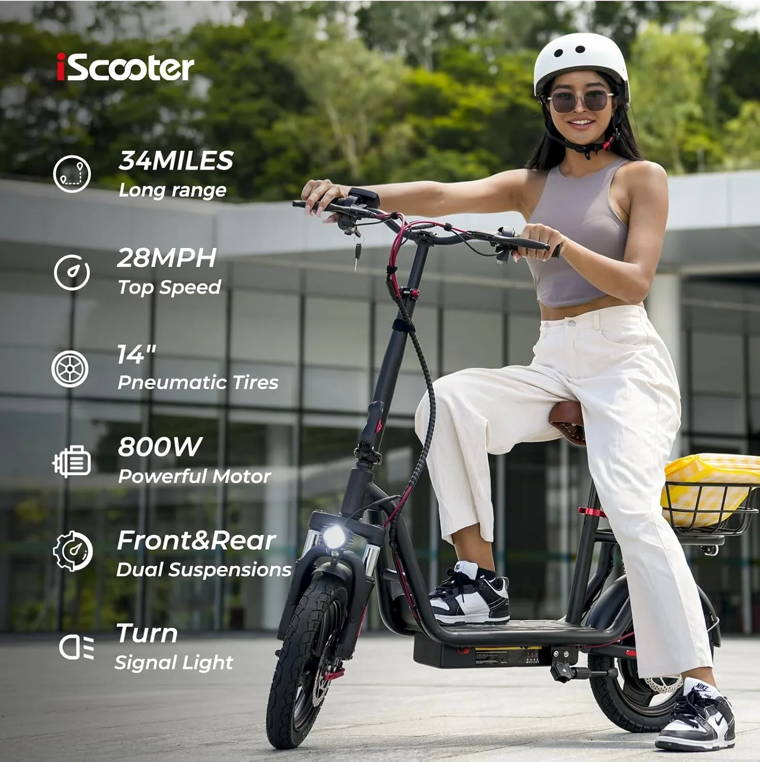 iScooter electric scooter with seat 28/19/15.6 mph top speed dual suspension scooter