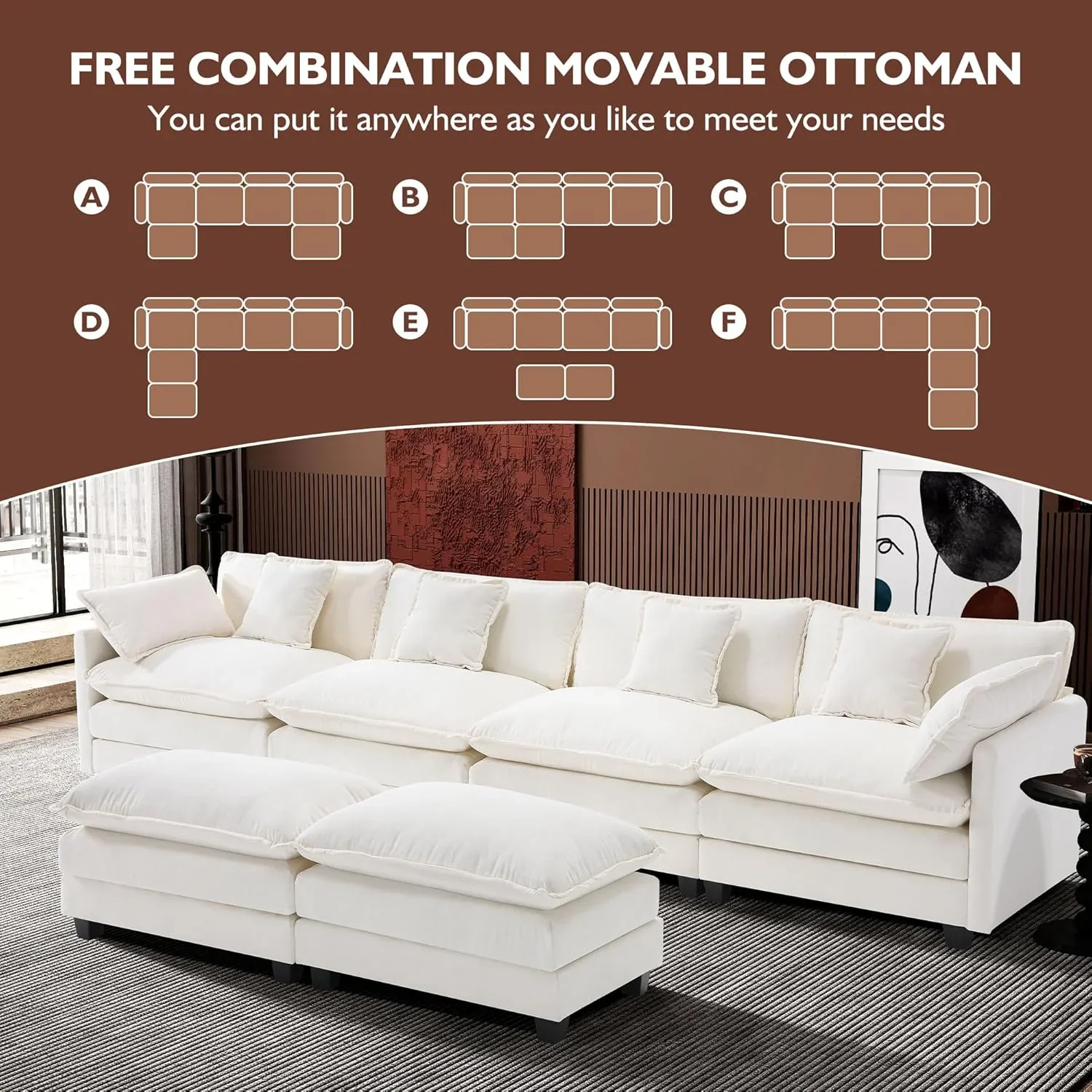 111.4 Inch L Shaped Modern Sofa Modular Cloud Sofa with Ottoman 4 Seater Chenille Deep Seat Sofa