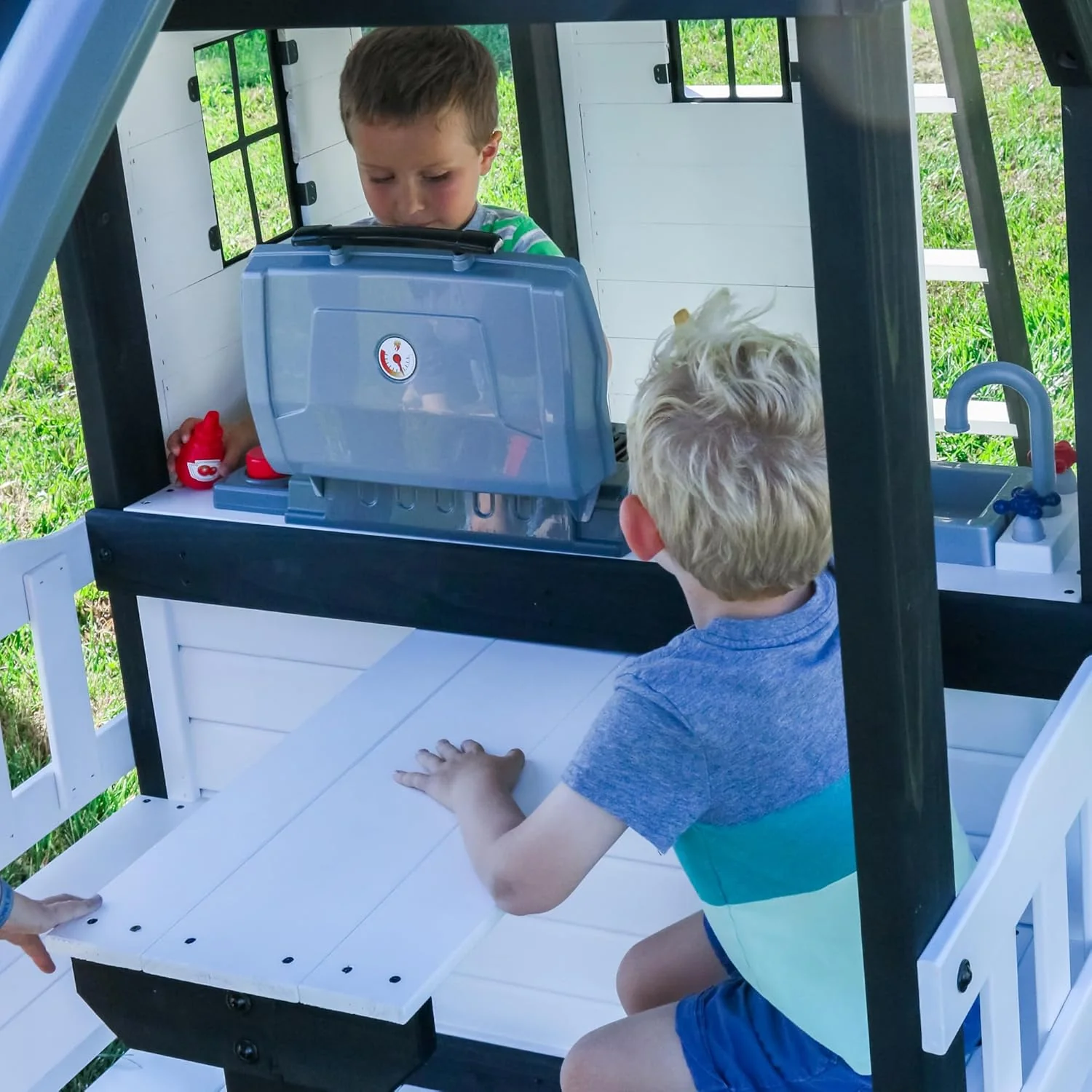 Backyard Discovery Canyon Creek Cedar Wood Swing Set with Wave Slide, Clubhouse, Play Kitchen, Picnic Area, Belt Swings, Web Swing, Rock Wall, Balconies, Playhouse, Step Ladder, Outdoor Playset