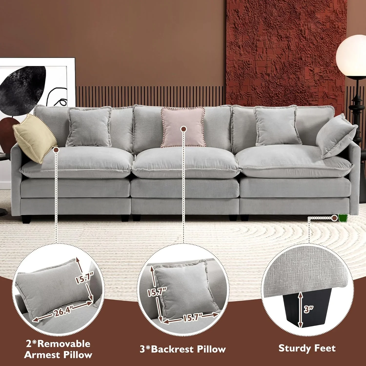 111.4 Inch L Shaped Modern Sofa Modular Cloud Sofa with Ottoman 4 Seater Chenille Deep Seat Sofa