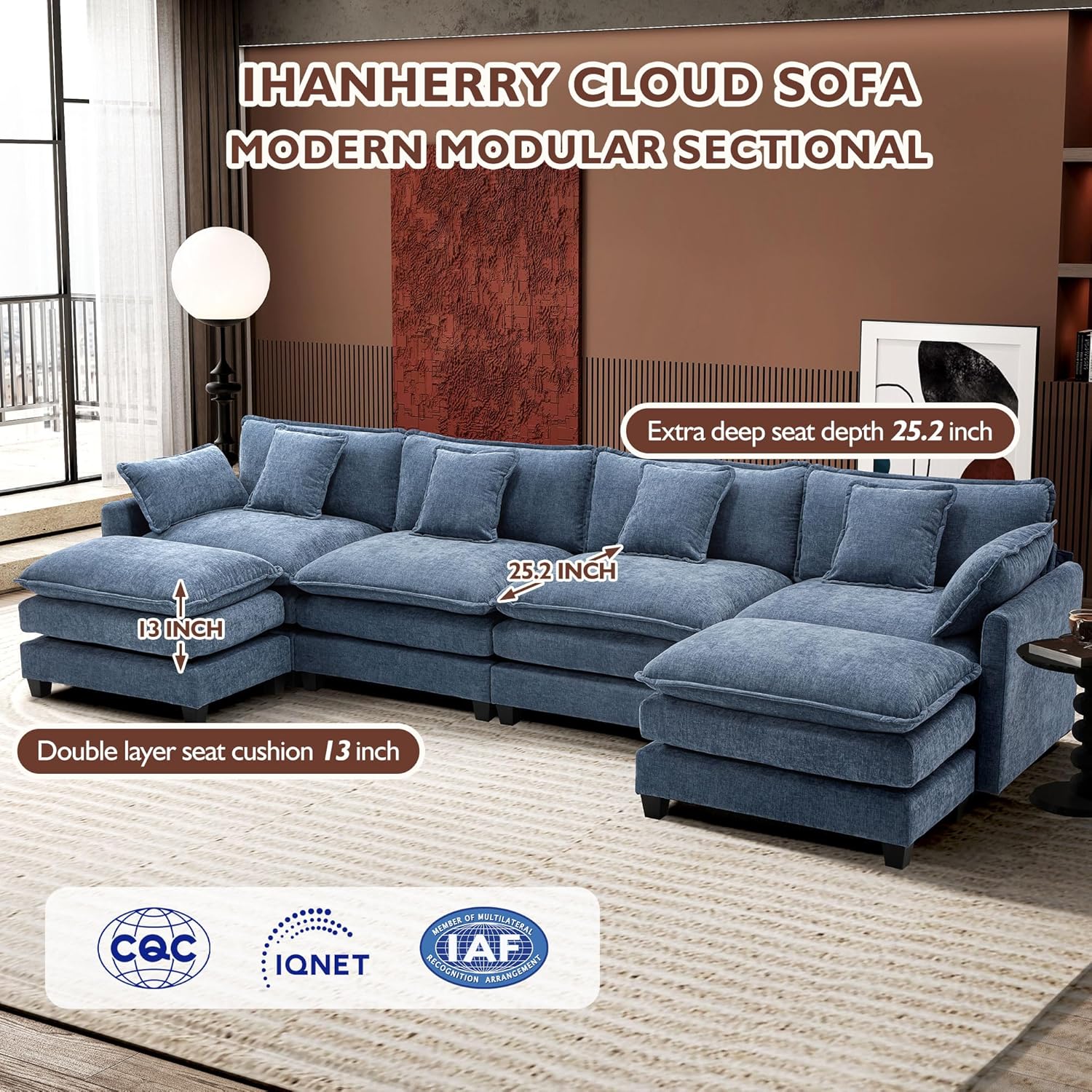 111.4 Inch L Shaped Modern Sofa Modular Cloud Sofa with Ottoman 4 Seater Chenille Deep Seat Sofa