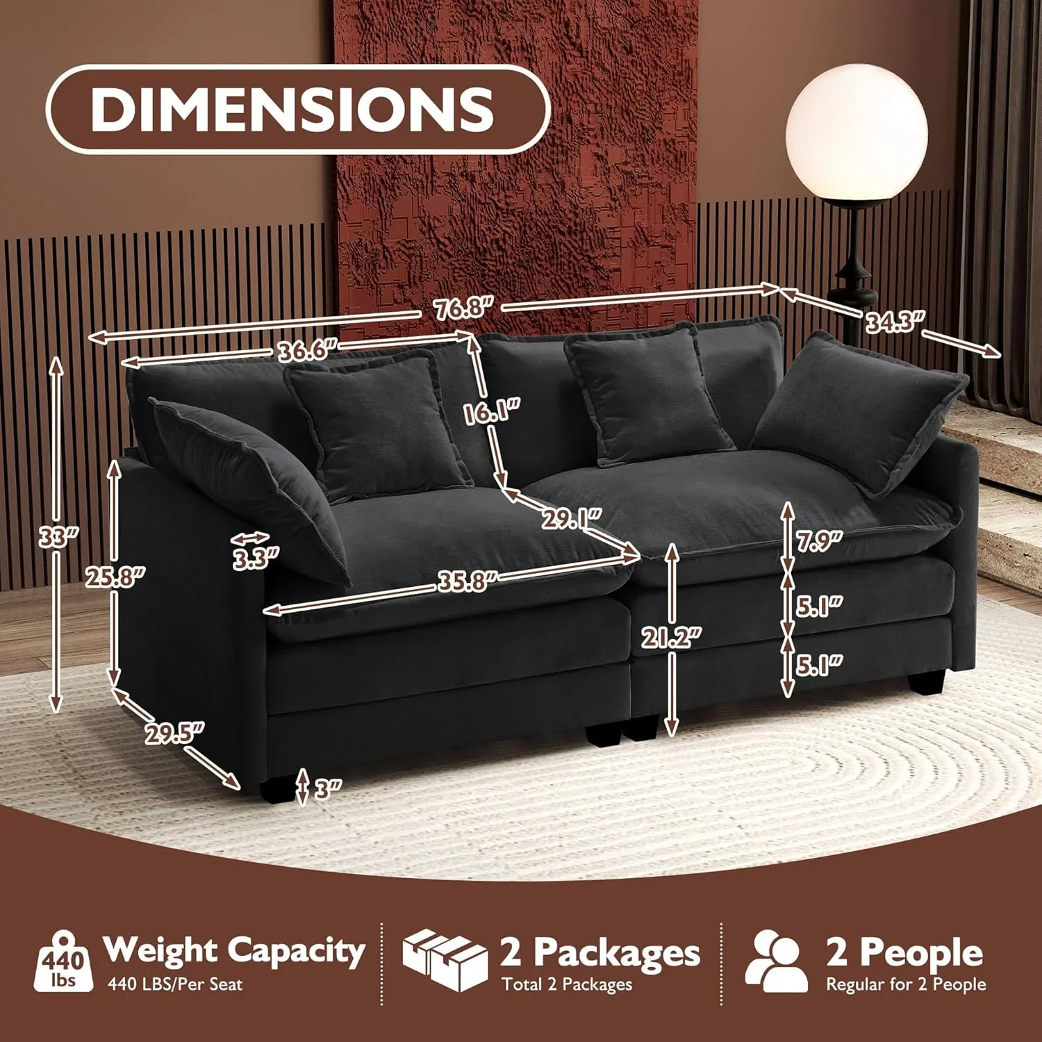 111.4 Inch L Shaped Modern Sofa Modular Cloud Sofa with Ottoman 4 Seater Chenille Deep Seat Sofa