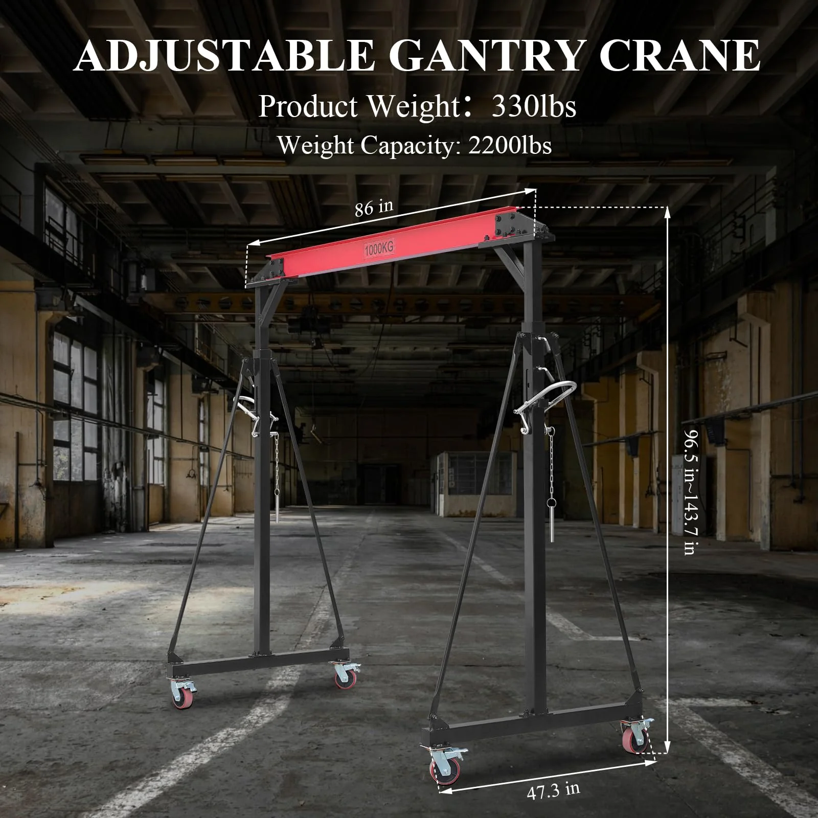 2025  1 Ton Adjustable Gantry Crane, 2200 lbs Capacity, Height Adjustable 96.5