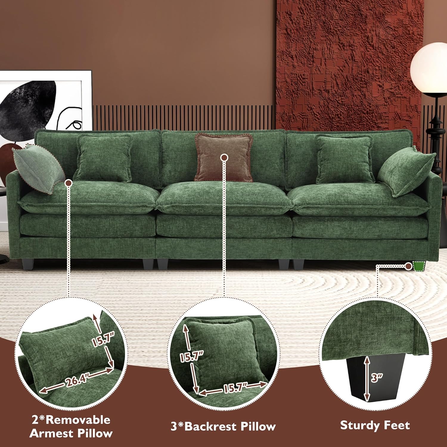 111.4 Inch L Shaped Modern Sofa Modular Cloud Sofa with Ottoman 4 Seater Chenille Deep Seat Sofa