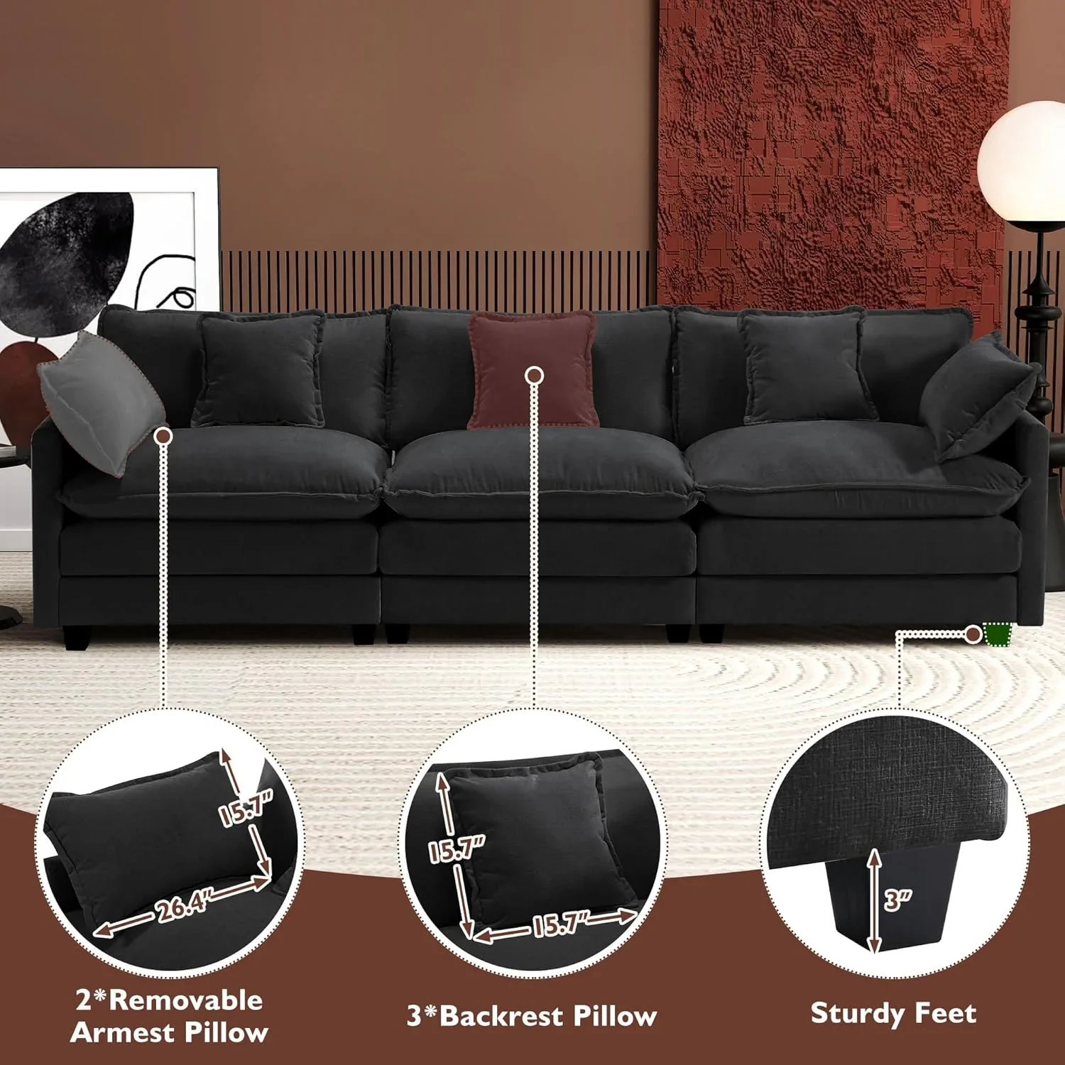 111.4 Inch L Shaped Modern Sofa Modular Cloud Sofa with Ottoman 4 Seater Chenille Deep Seat Sofa