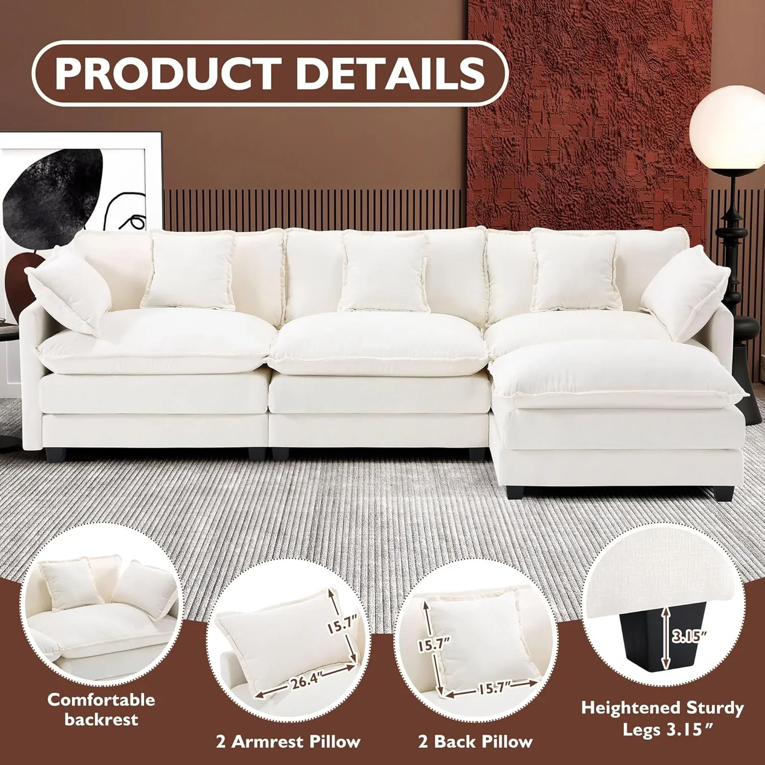 111.4 Inch L Shaped Modern Sofa Modular Cloud Sofa with Ottoman 4 Seater Chenille Deep Seat Sofa