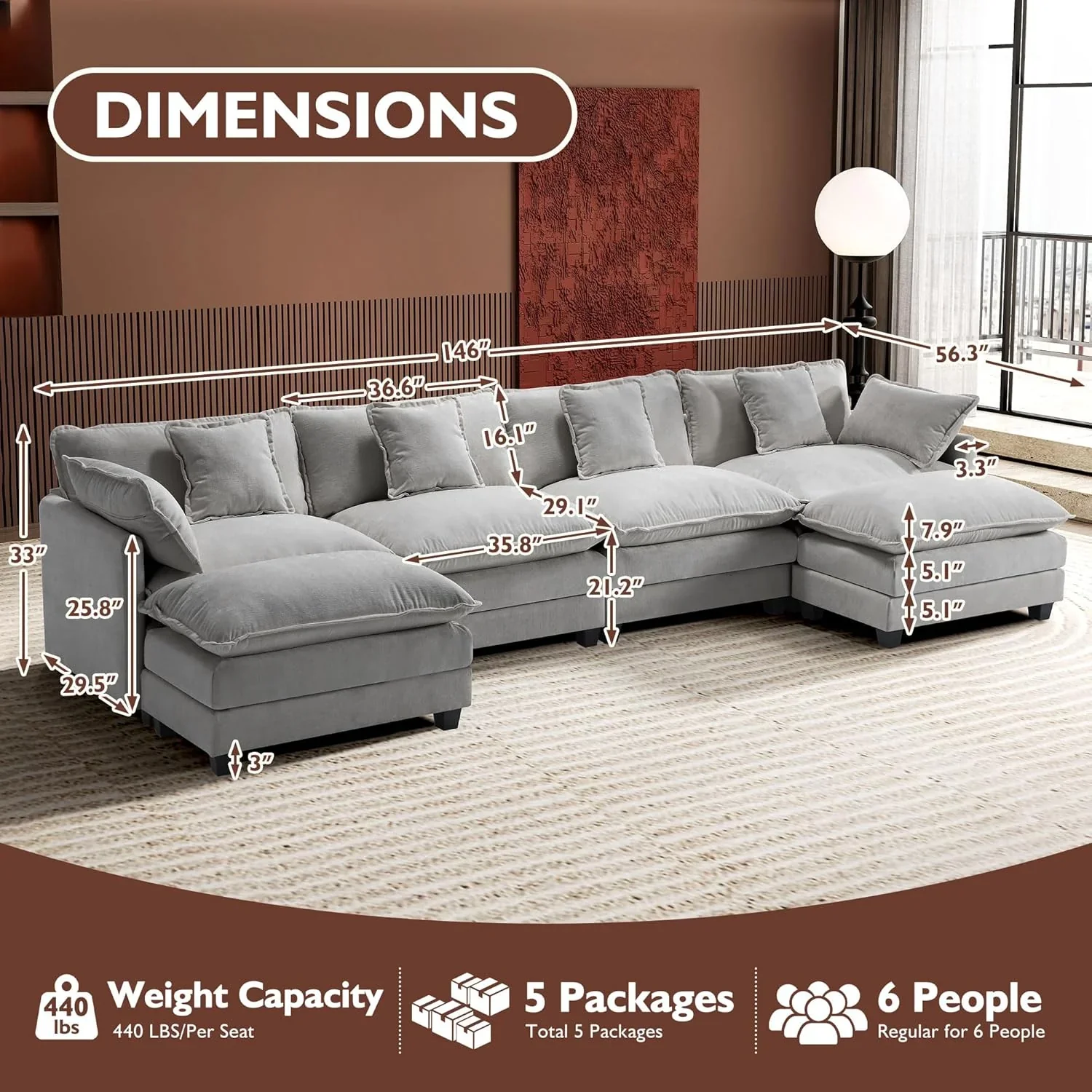 111.4 Inch L Shaped Modern Sofa Modular Cloud Sofa with Ottoman 4 Seater Chenille Deep Seat Sofa