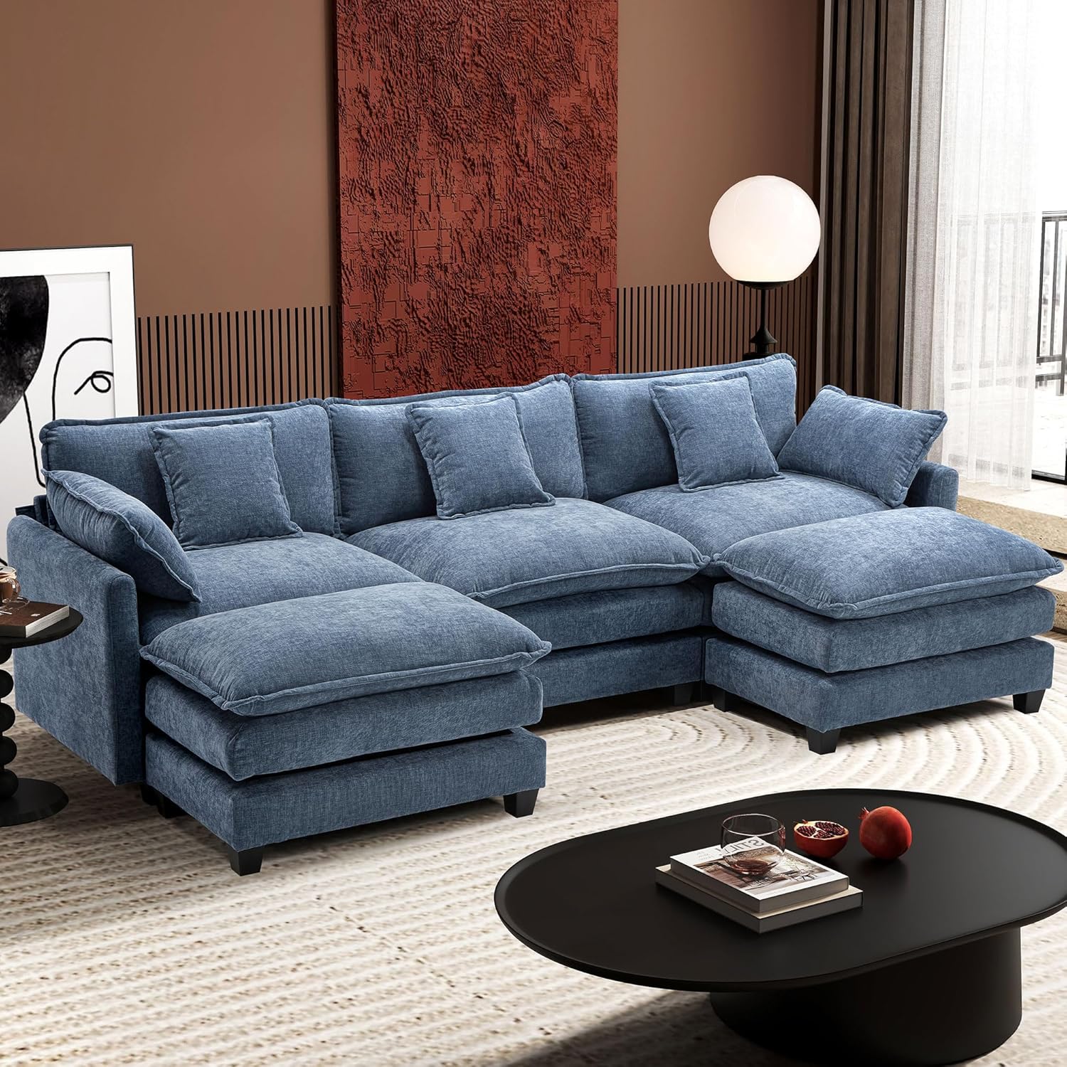 111.4 Inch L Shaped Modern Sofa Modular Cloud Sofa with Ottoman 4 Seater Chenille Deep Seat Sofa