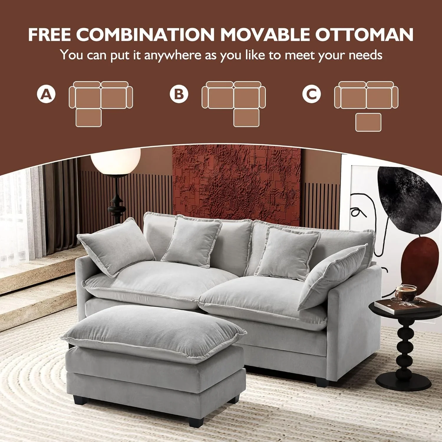 111.4 Inch L Shaped Modern Sofa Modular Cloud Sofa with Ottoman 4 Seater Chenille Deep Seat Sofa