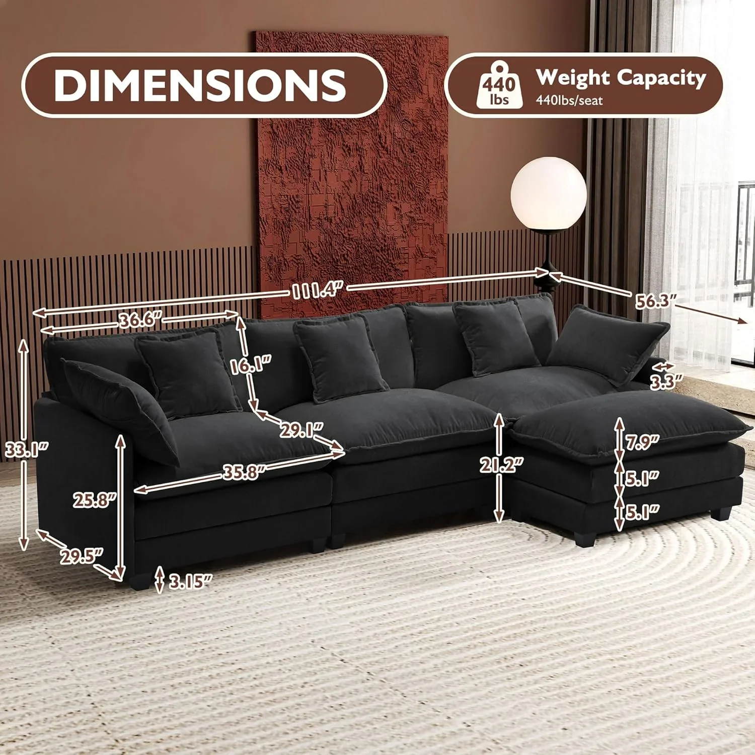 111.4 Inch L Shaped Modern Sofa Modular Cloud Sofa with Ottoman 4 Seater Chenille Deep Seat Sofa