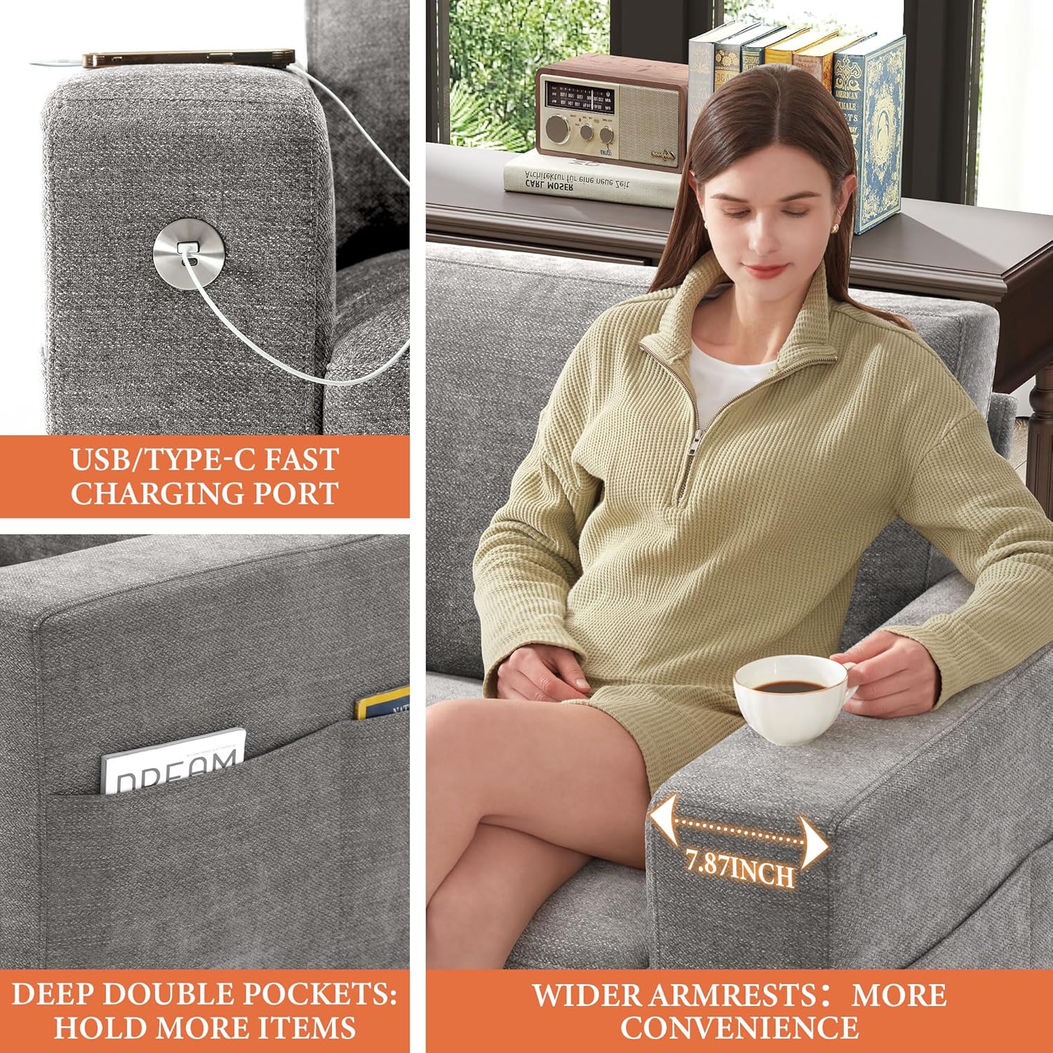 111.4 Inch L Shaped Modern Sofa Modular Cloud Sofa with Ottoman 4 Seater Chenille Deep Seat Sofa