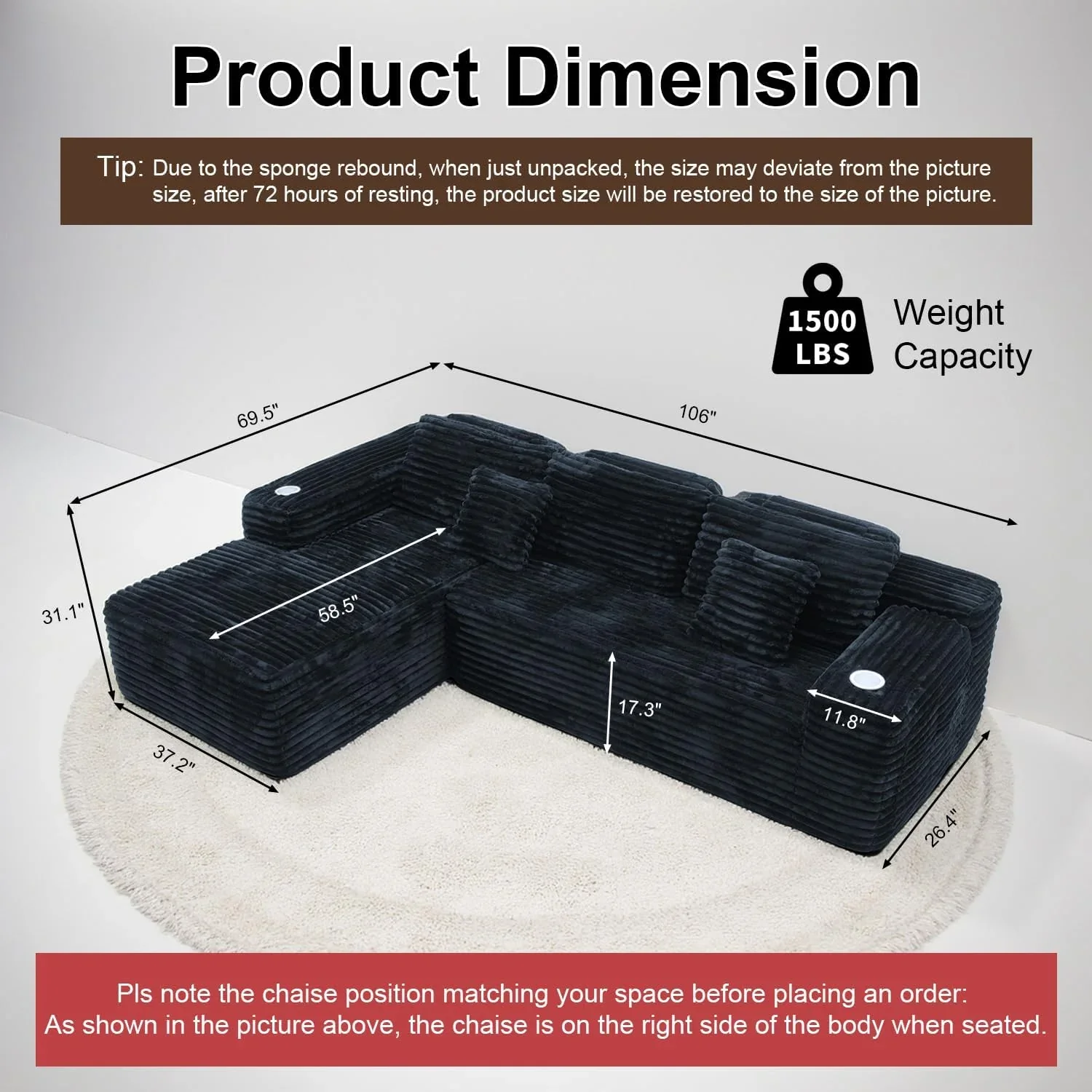 Cloud Sectional Couch with L Shape Chaise Modern Modular Sofa with Deep Seat Built in Cup Holder