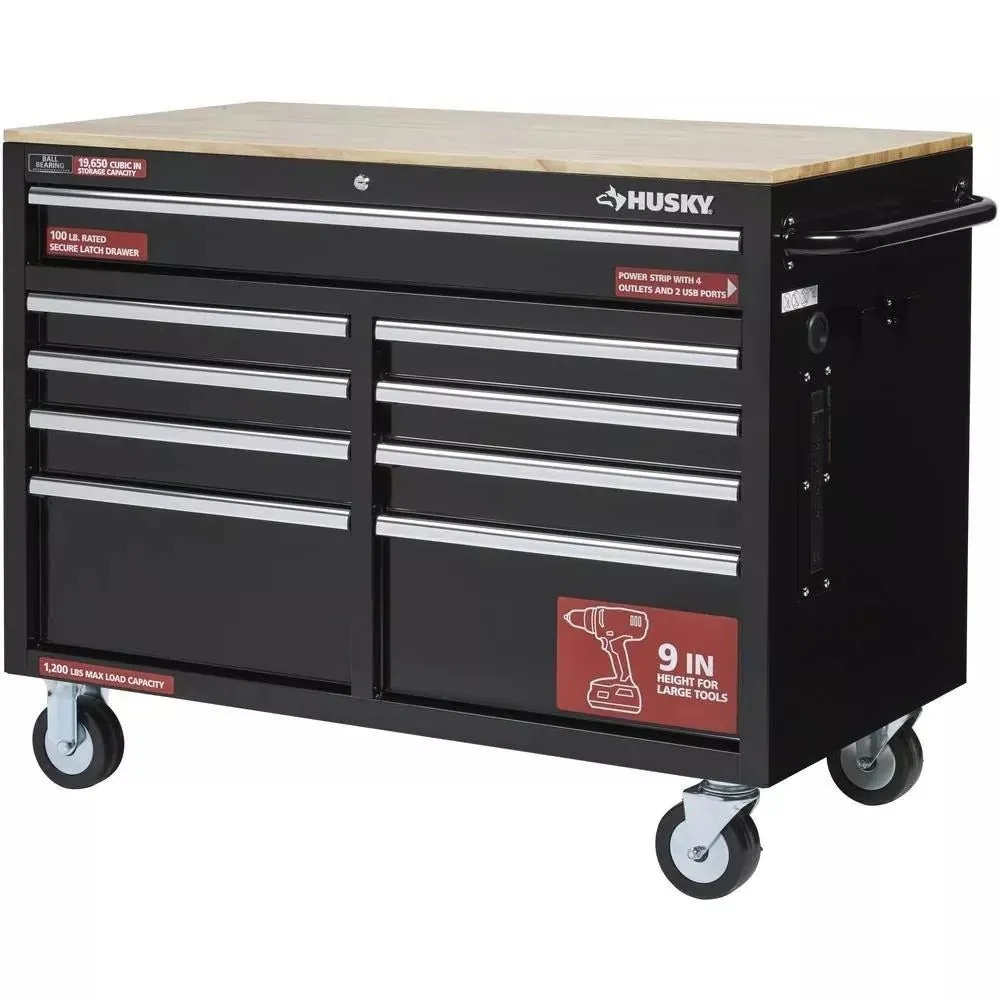 Gloss Black 46′′ 9-Drawer Mobile Tool Chest Workbench with Wood Top & Power Strip