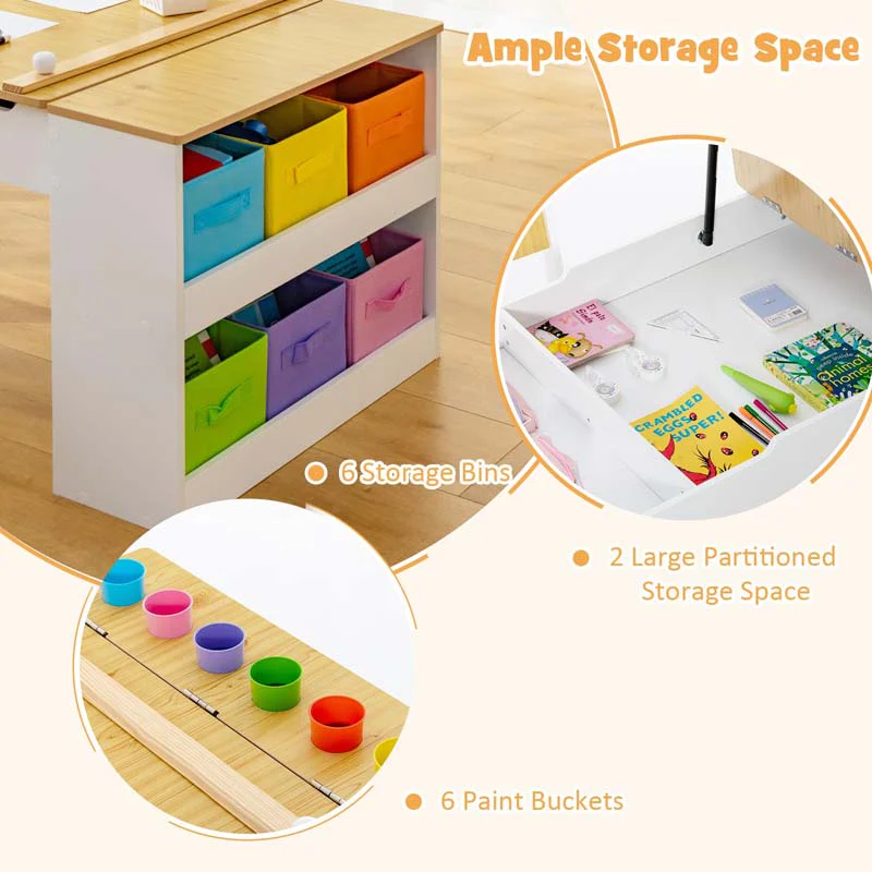 2-in-1 Kids Art Table Chair Set for Drawing Writing, Toddler Craft Play Wood Activity Desk w/2 Chairs Paper Roll Storage Canvas Bins